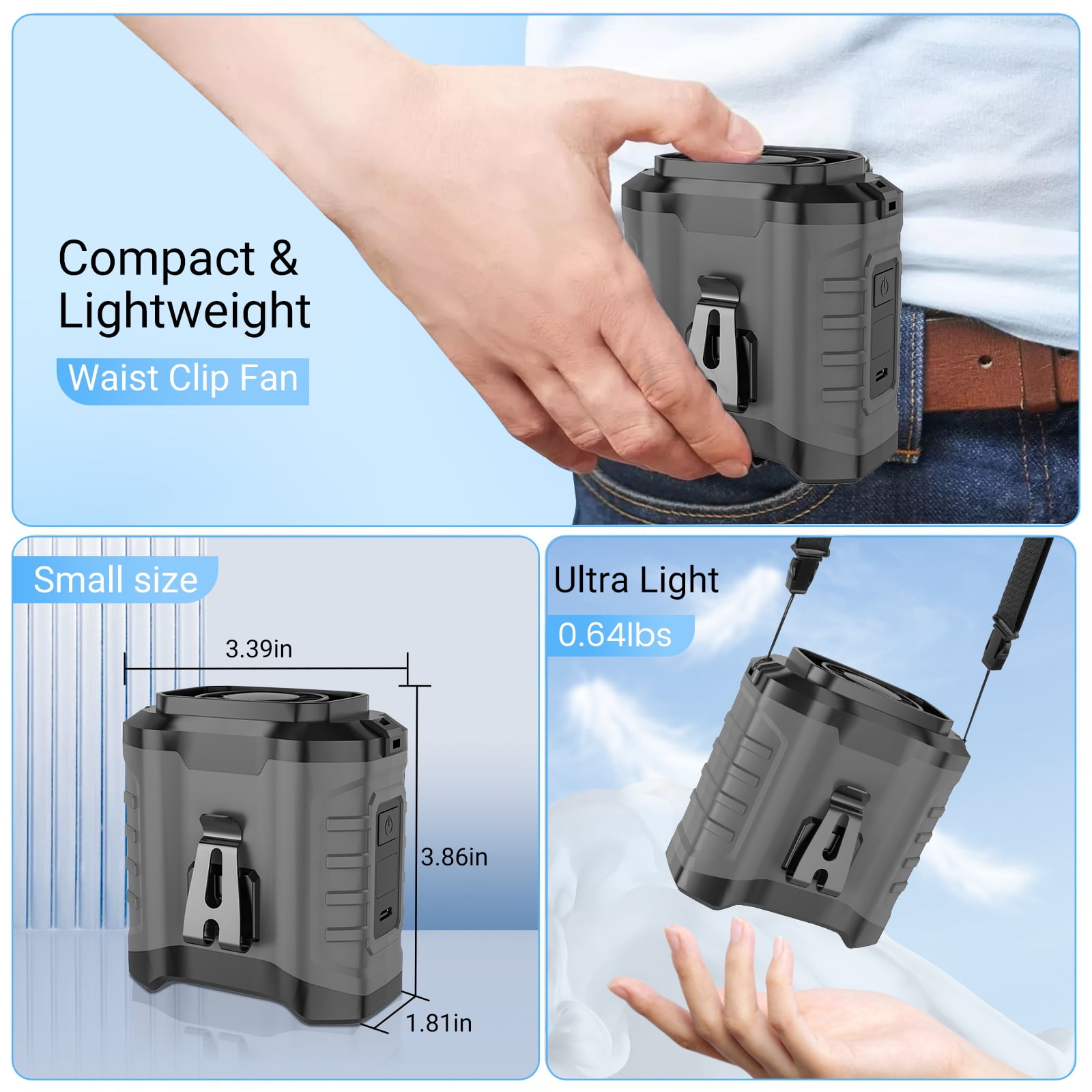 AiYchen Portable Waist Fan Clip-on Wearable Personal Fan with 5 Speeds and Power Bank Function (Gray, 10000mAh) 402l7