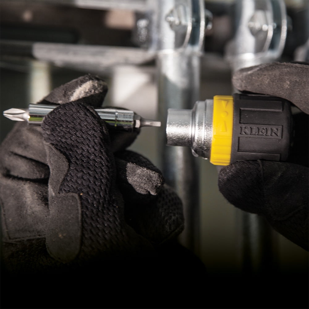 Klein Tools 6-in-1 Ratcheting Stubby Screwdriver with Cushion-Grip Handle (Yellow, 1 Pack) ln2jh