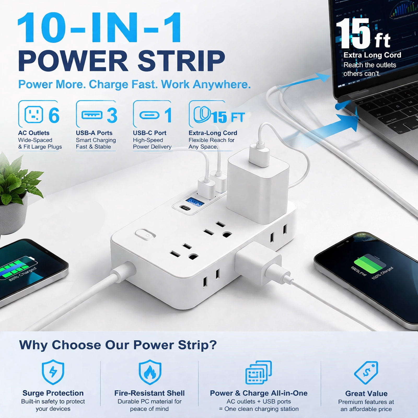 BOHASHIN Power Strip Extension Cord with 6 Widely Spaced Outlets and 4 USB Charging Ports (White, 15 ft) gtuph