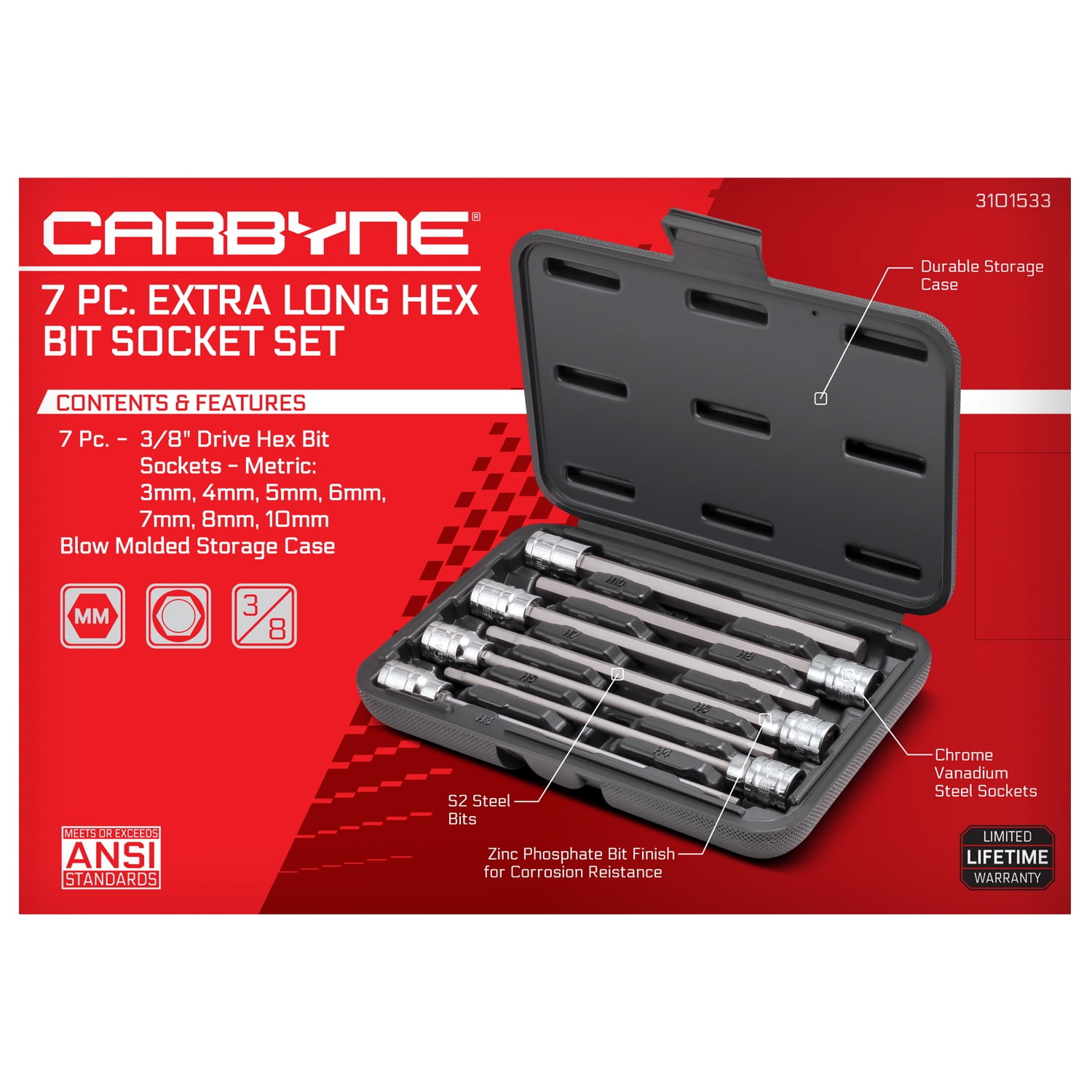 Carbyne 7-Piece Extra Long Hex Bit Socket Set, 3/8 in Drive, Metric Sizes (3mm to 10mm) cf4ct