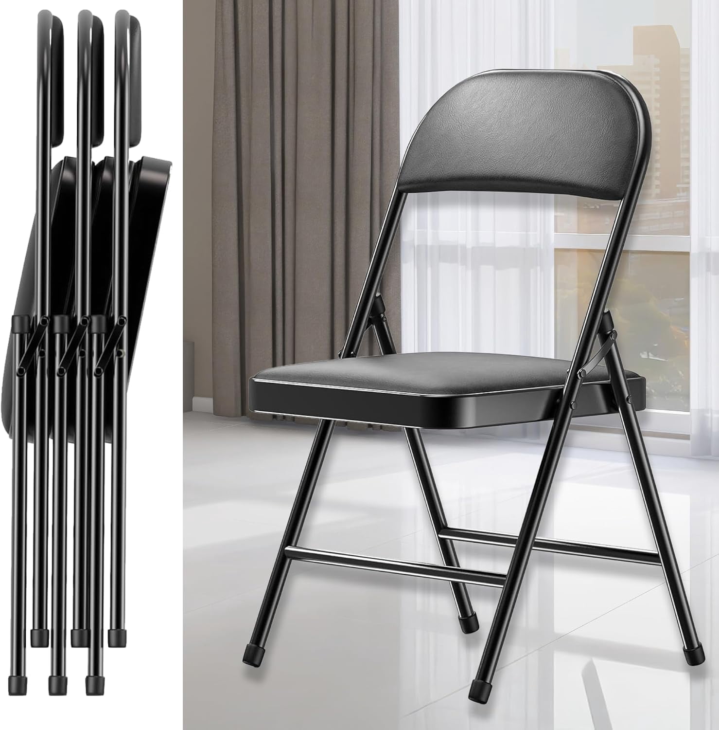 JIANYI Padded Folding Chairs with Cushioned Seat and Backrest, Heavy-Duty Steel Frame (Black, 4 Pack) 0e6nv