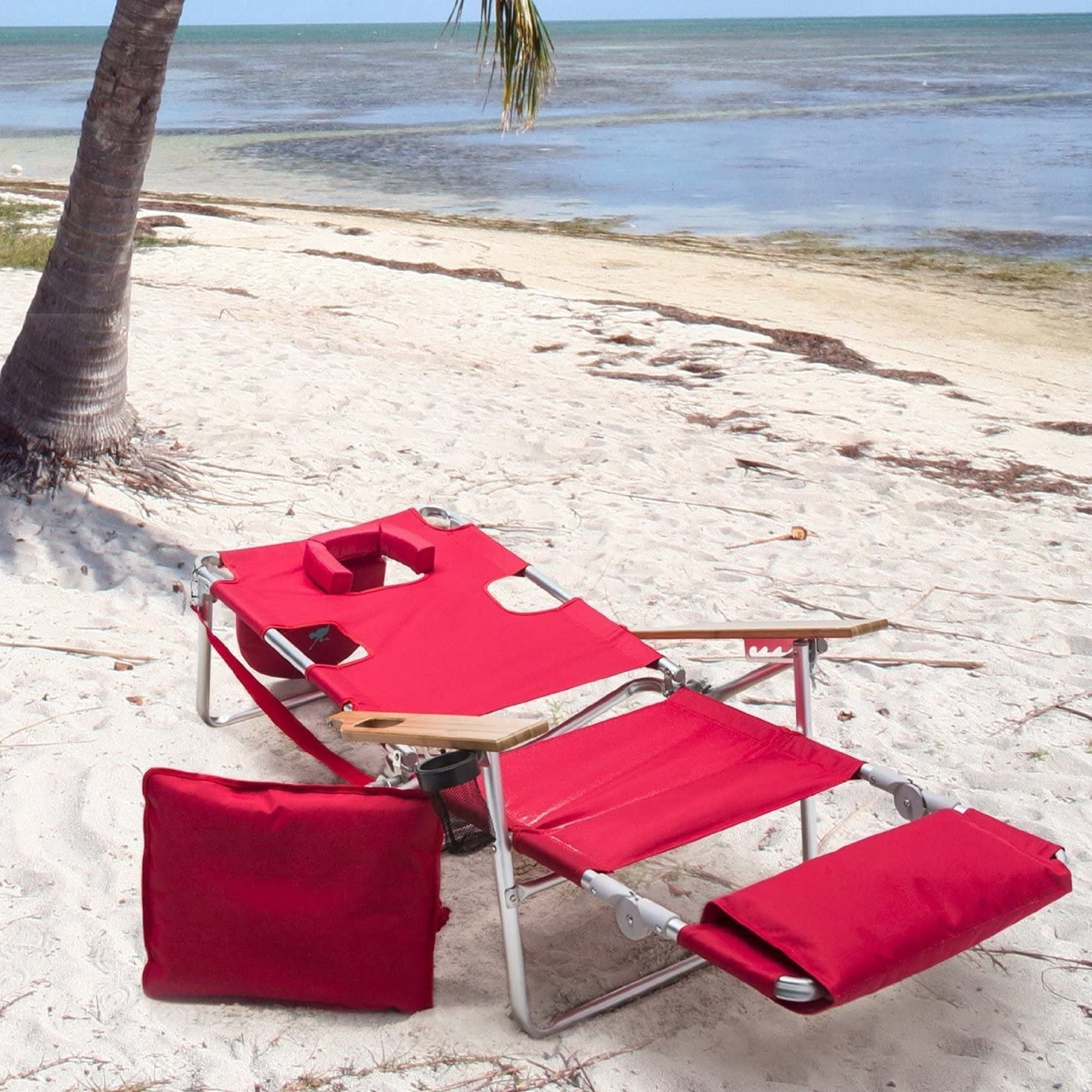 Ostrich Deluxe 3N1 Padded Sports Chair with Footrest, Heavy-Duty Folding Beach Lounger (Red, 2 Pack) 0dovd