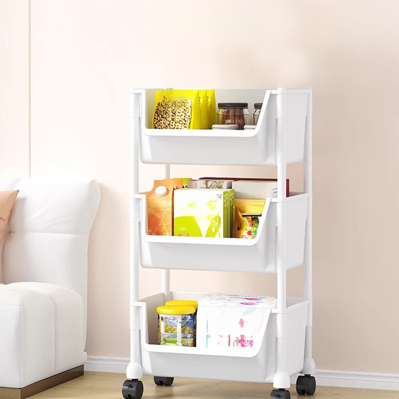 Taicanwovil 3-Tier Rolling Storage Cart, Mobile Utility Organizer with Slanted Shelves (White, 32 in x 16 in x 12 in) u56si