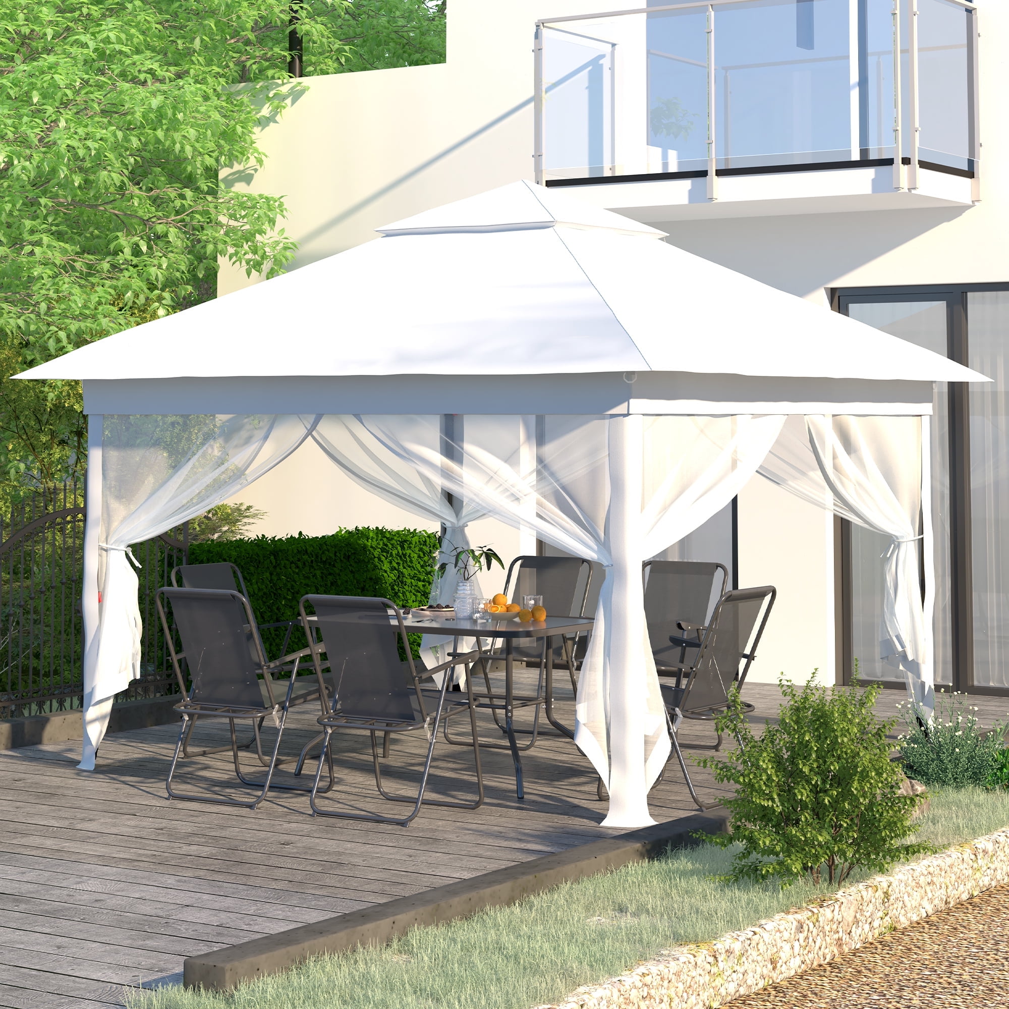 Ainfox Outdoor Patio Pop Up Canopy Gazebo with Mosquito Netting and UV Protection (White, 11 ft x 11 ft) 9ror8