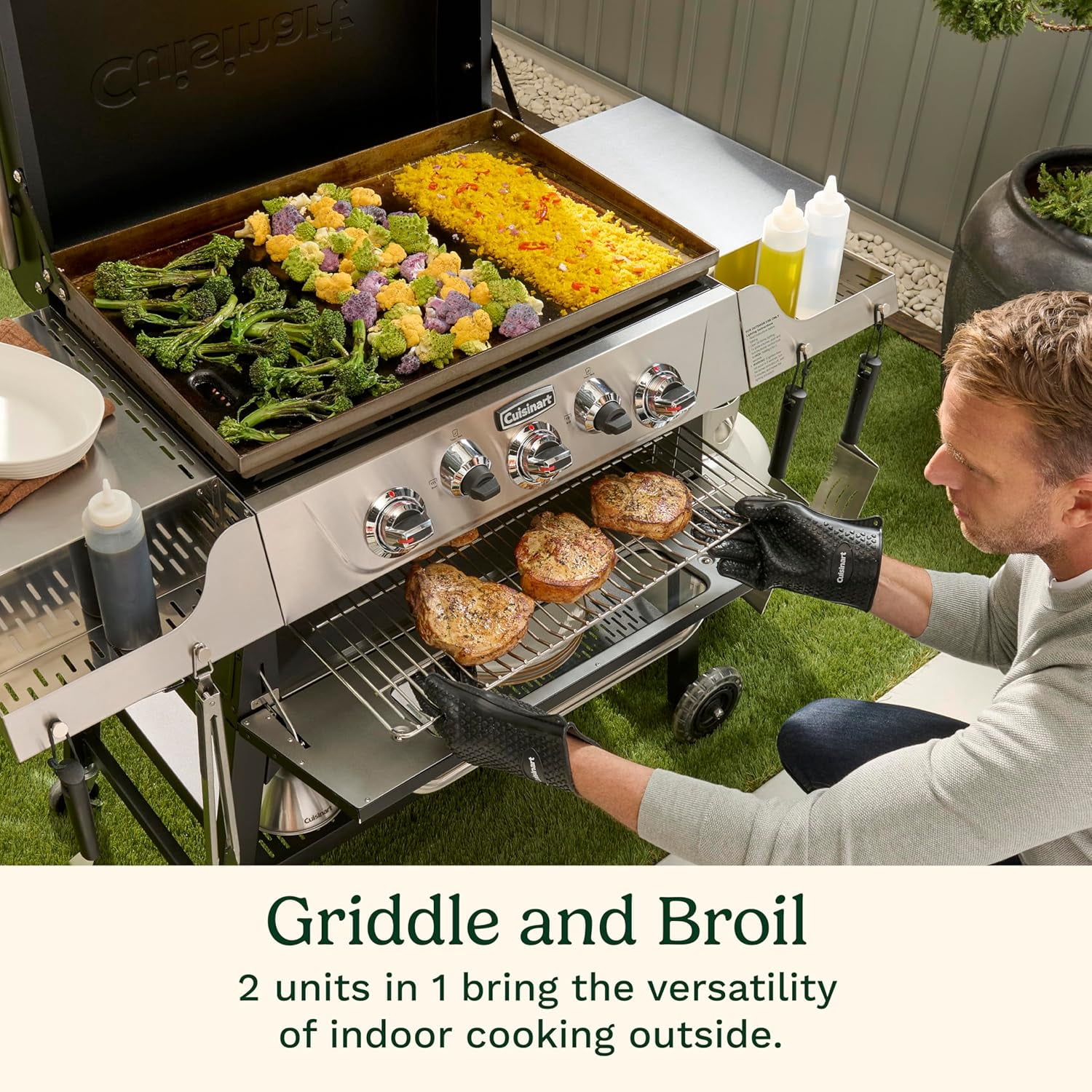 Cuisinart 28 in Outdoor Griddler and Broiler Combo, 2-in-1 Carbon Steel Flat-Top Grill with Hood (Black, 28 in) wvtl0