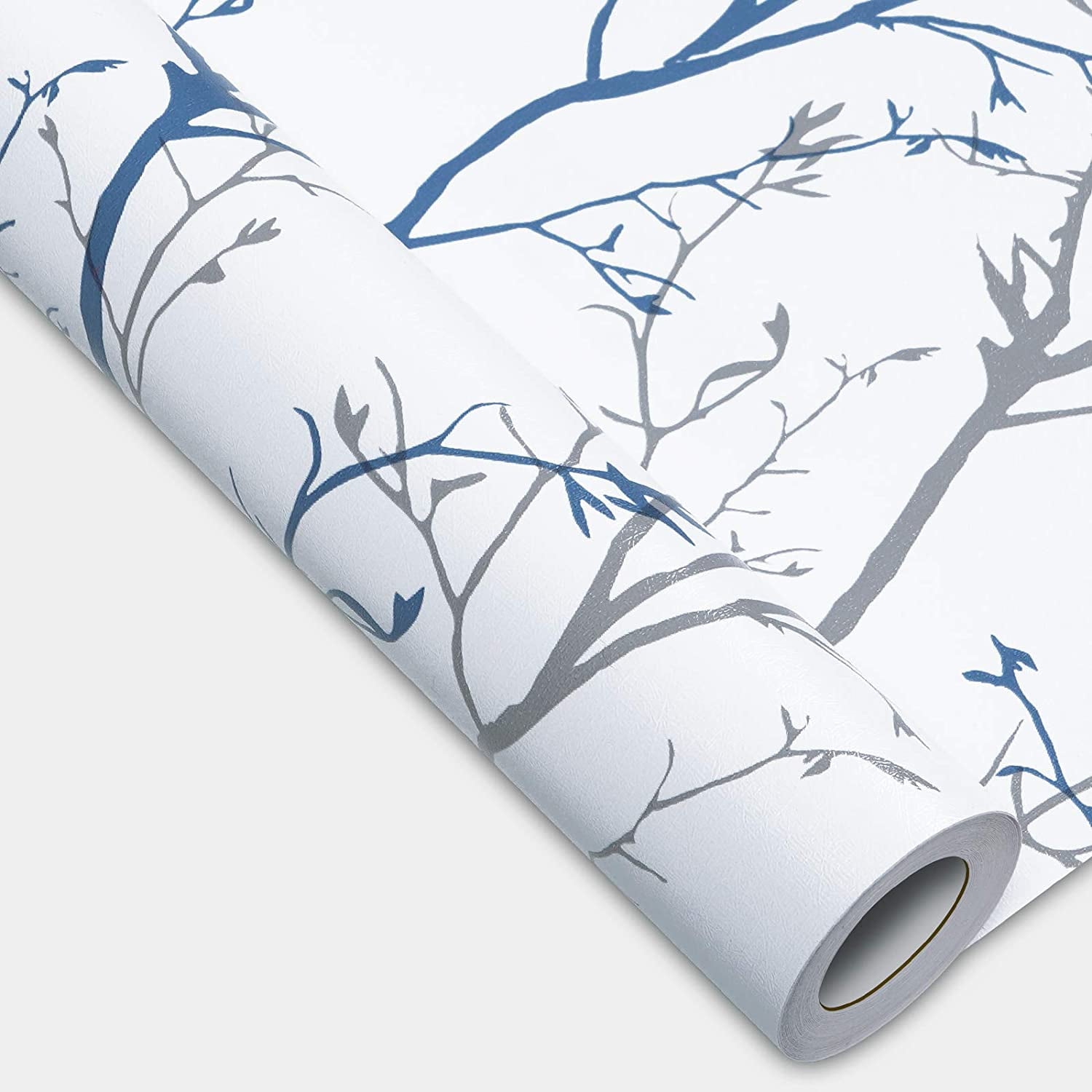 Caltero Peel and Stick Wallpaper, Grey Blue Tree Branch Self-Adhesive Decorative Wall Covering (17.7 in x 118 in) d7ze7