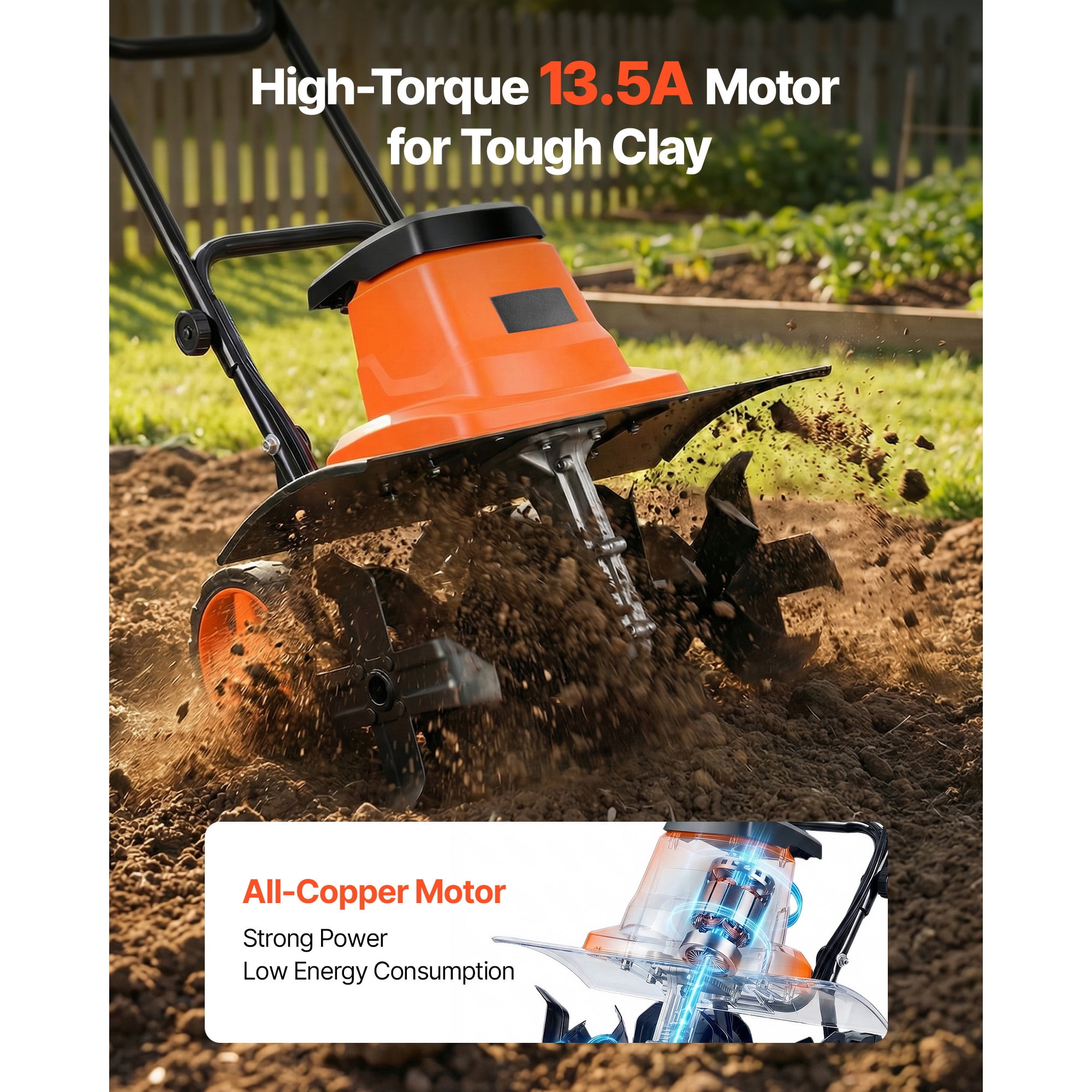 KFFKFF Corded Electric Tiller, 13.5-Amp Garden Rototiller with 18in Tilling Width and Foldable Handle (18 in) 92cpi