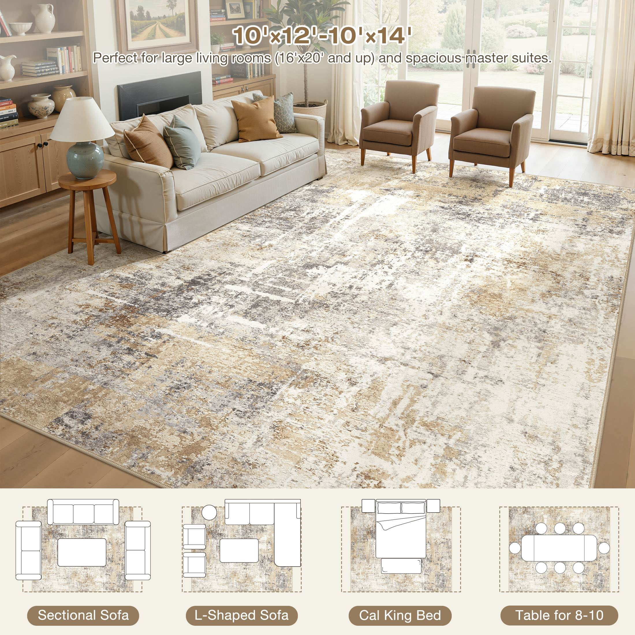 UERMEI Modern Abstract Area Rug, Washable Non-Slip Indoor Carpet for Living Room and Bedroom (Grey Gold, 8 ft x 10 ft) a46ns