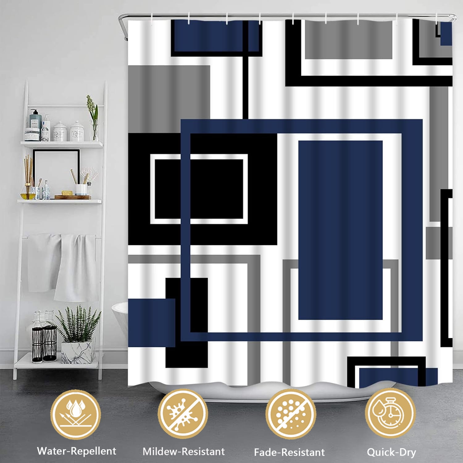 FRAMICS Geometric Shower Curtain Set with Rugs and Hooks (Blue, 16 Piece Set) a301f - Image 2