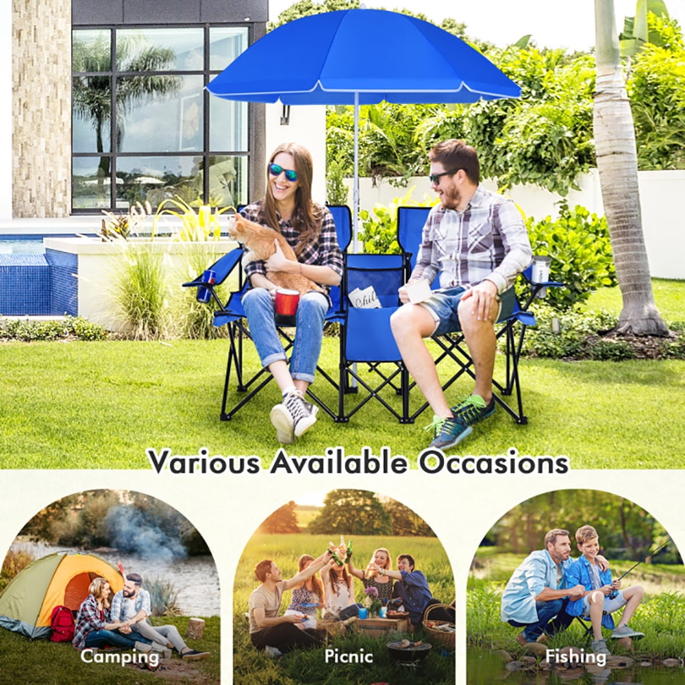 YYAo Double Folding Camping Chair with Umbrella and Cooler Bag (Blue, 2-Seat) 0x3dx