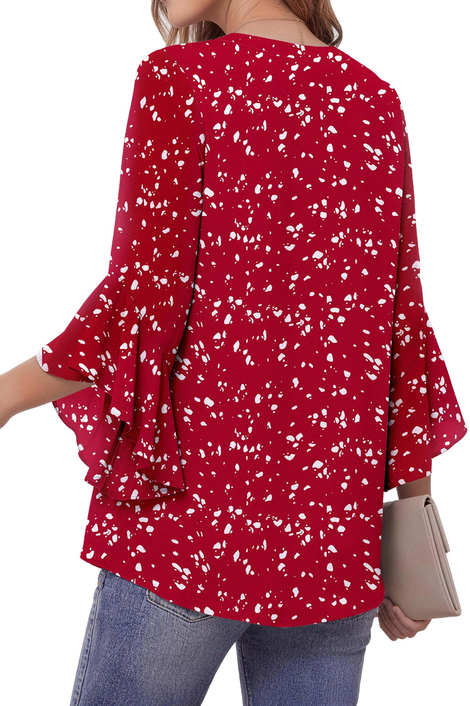 Fantaslook Womens V Neck Blouse 3/4 Ruffle Sleeve Dressy Casual Work Shirt (Red, L) 7ag4q