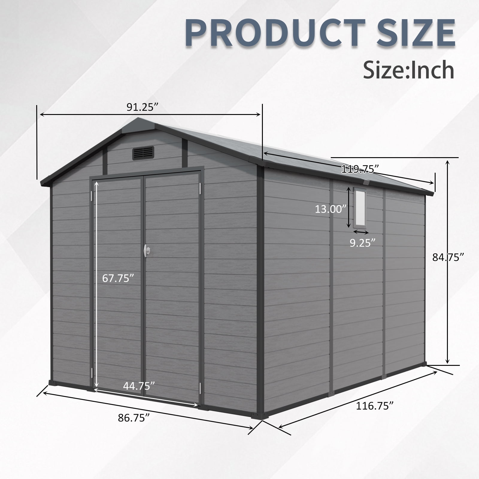 HomeMindful Large Outdoor Storage Shed, Weather-Resistant Resin Tool Shed with Floor, Skylight, and Lockable Double Doors (Dark Gray, 8x10 ft) px7hx