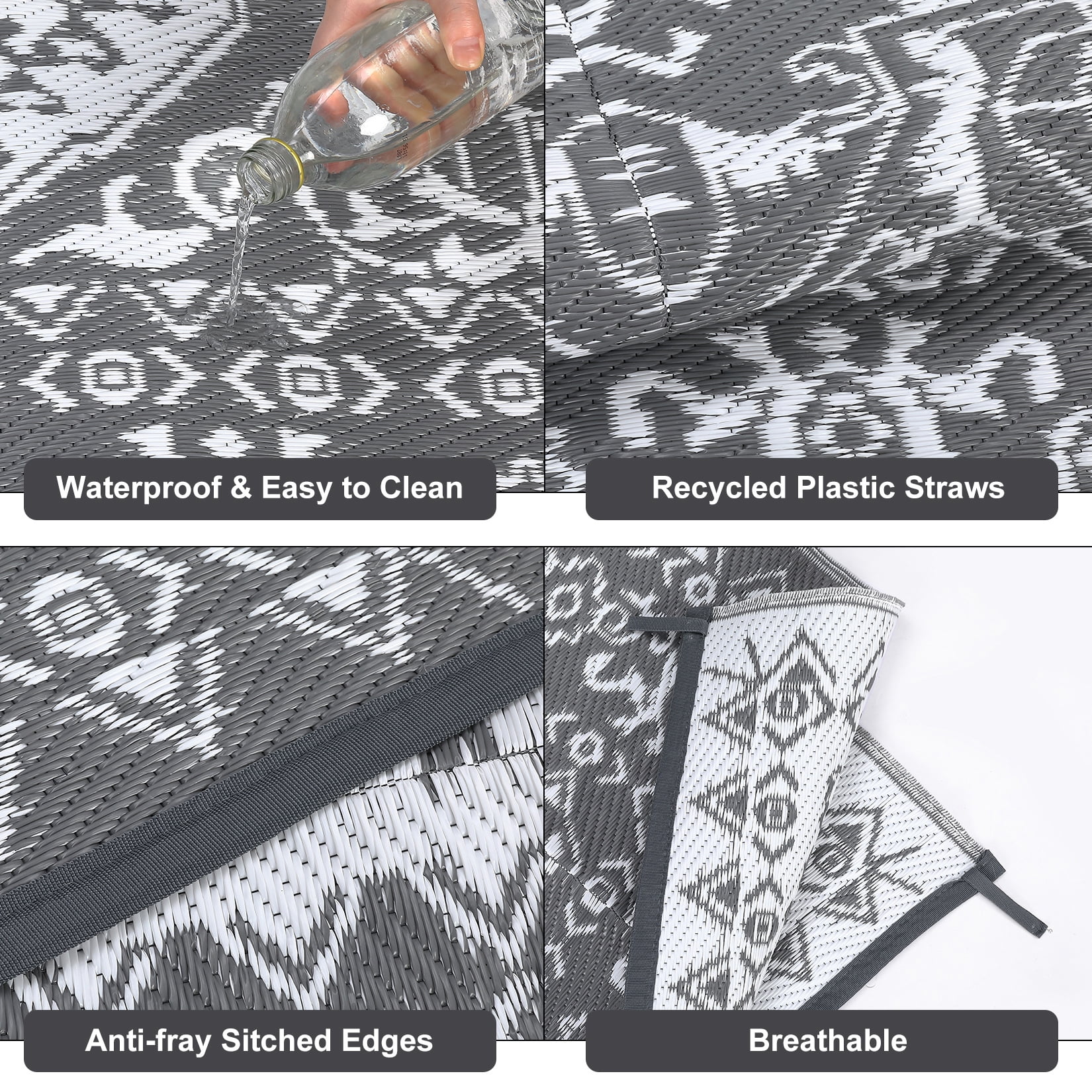 HOMERRY Geometric Floral Outdoor Rug Waterproof Reversible Plastic Carpet for Patio RV (White/Gray, 8 ft x 10 ft) kbbgr