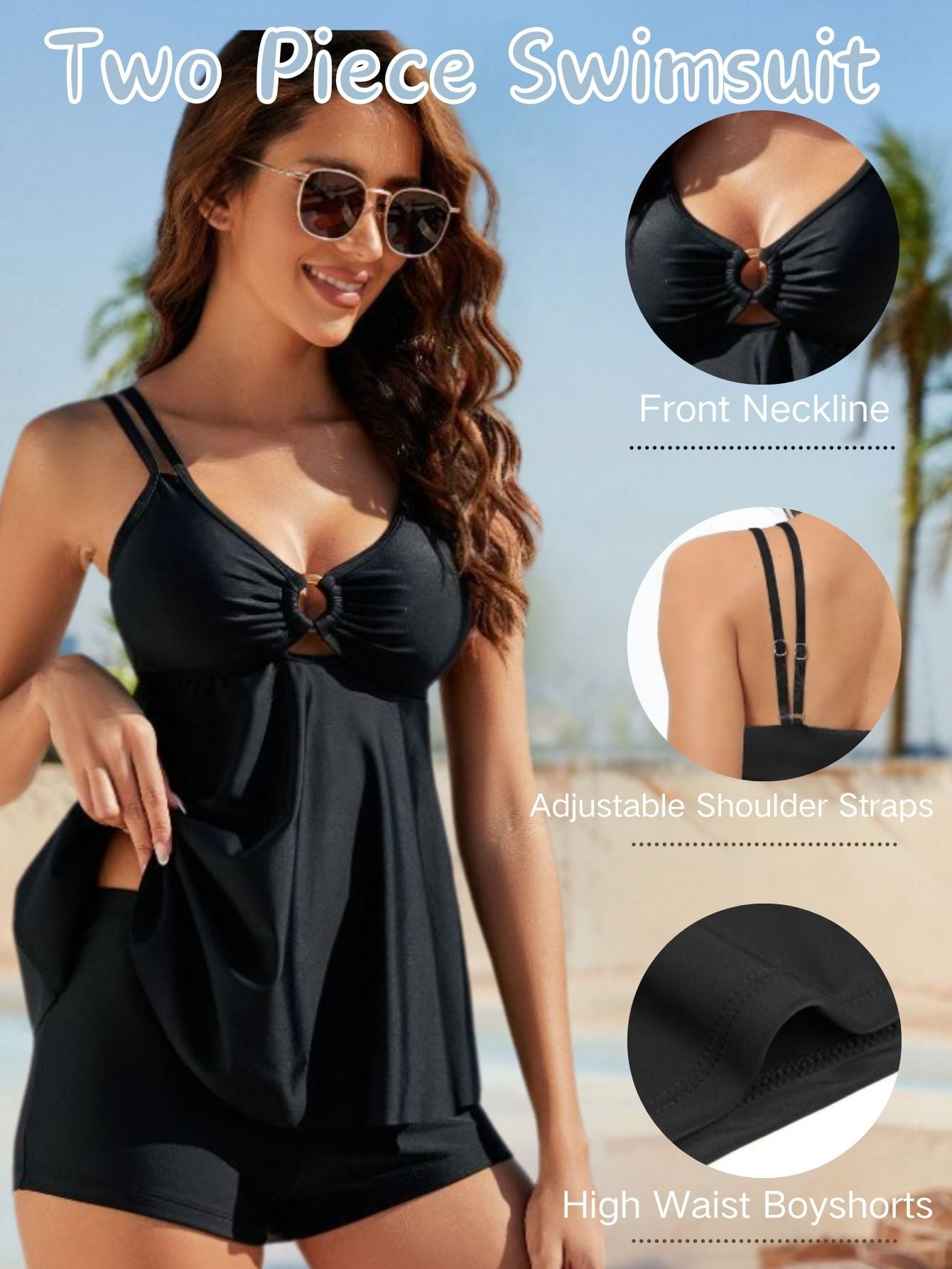 BERANMEY Women's Tankini Swimsuit Tummy Control Two Piece Floral Print Swim Dress with Shorts (Black, M) xfaox