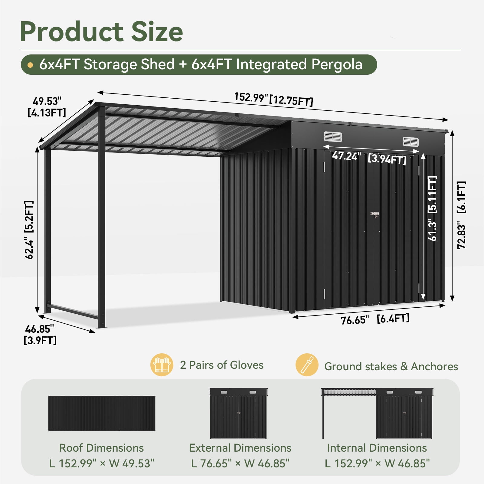 CLOUDDWELL Metal Storage Shed with Hardtop Pergola (Black, 153 in x 50 in x 73 in) zimnn