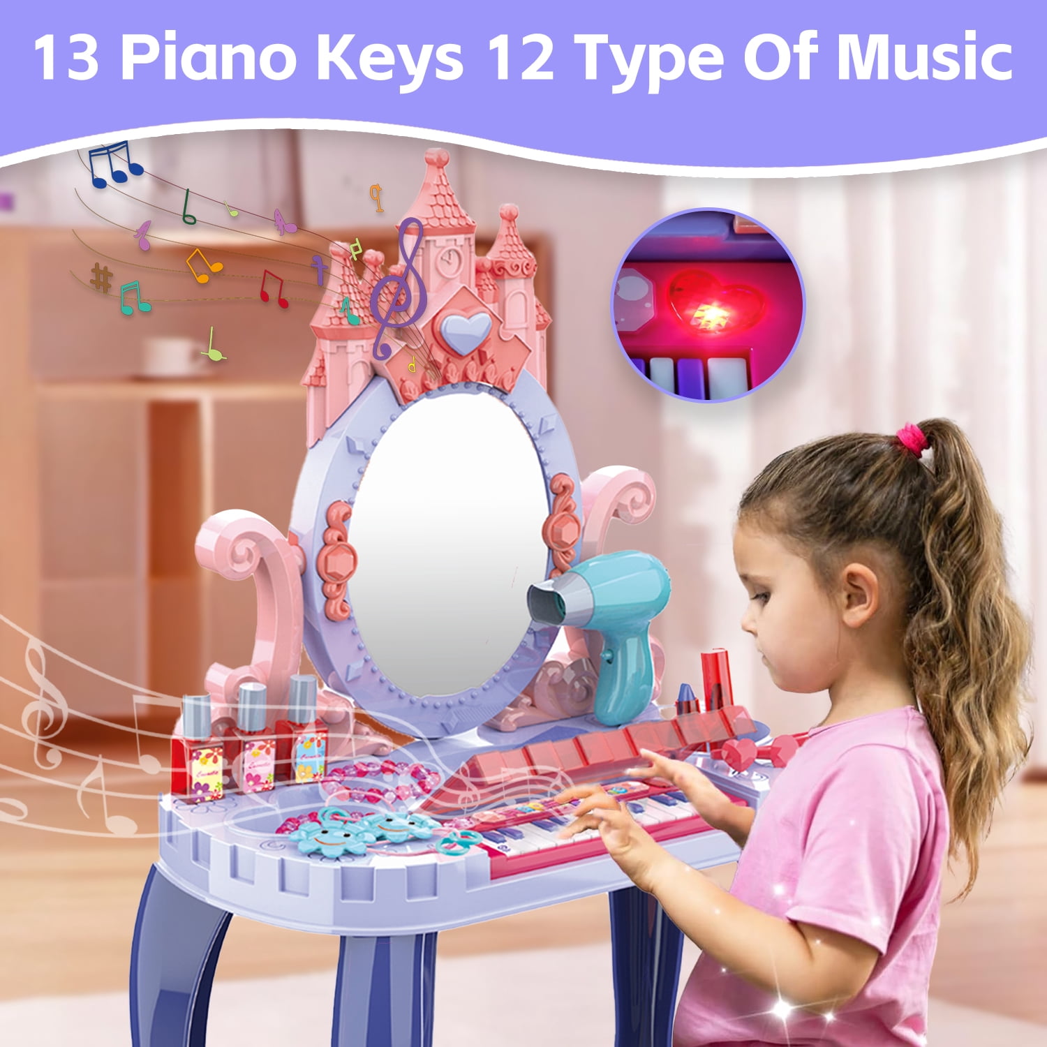 LINXUXIE Toddlers Vanity Dresser Play Set with Musical Piano and Pretend Makeup Accessories (Blue, 21-Piece) b383u
