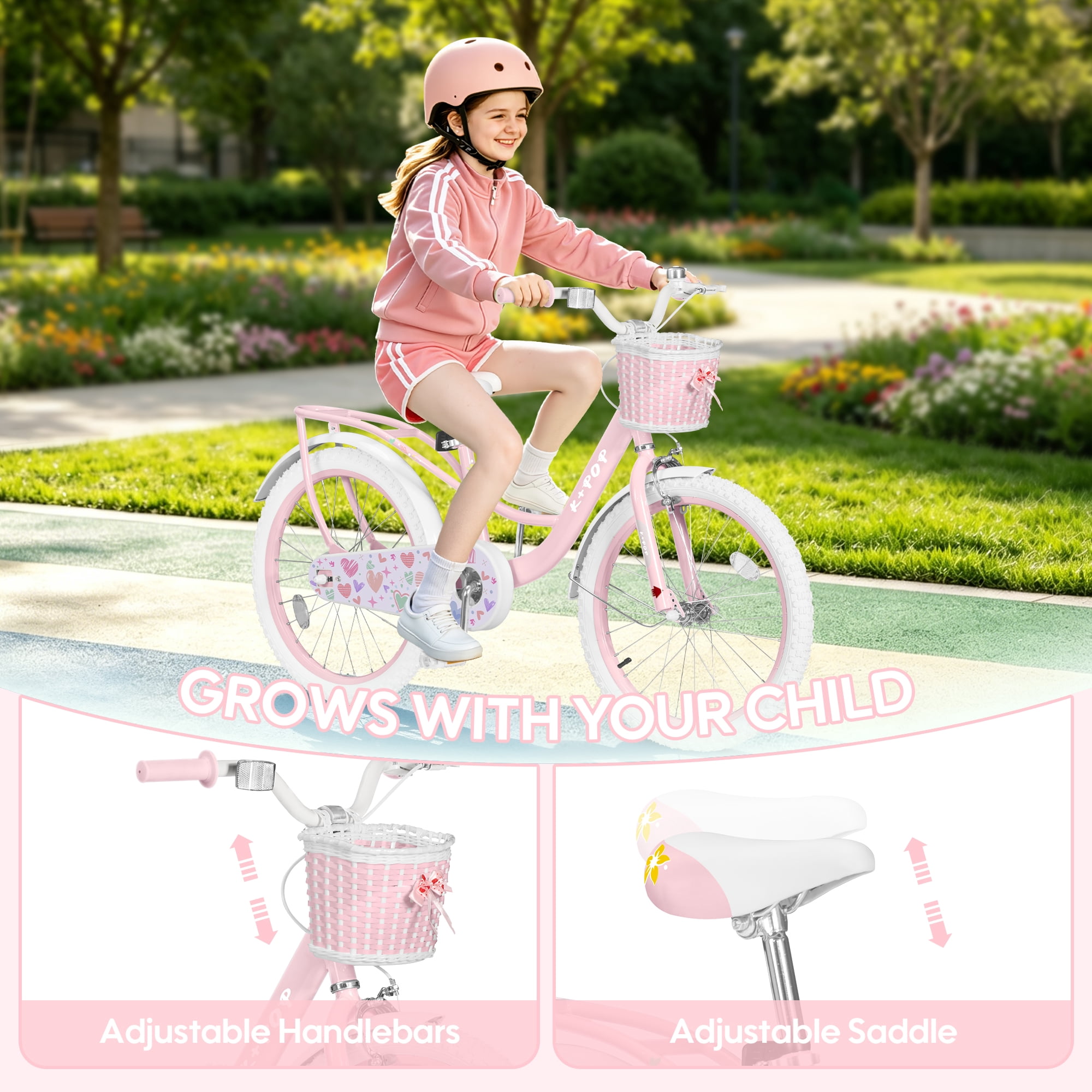 Bstjewey 20 Inch Kids Bike for Girls, Durable Carbon Steel Frame with Basket and Adjustable Seat (Pink, 20 in) ady9s
