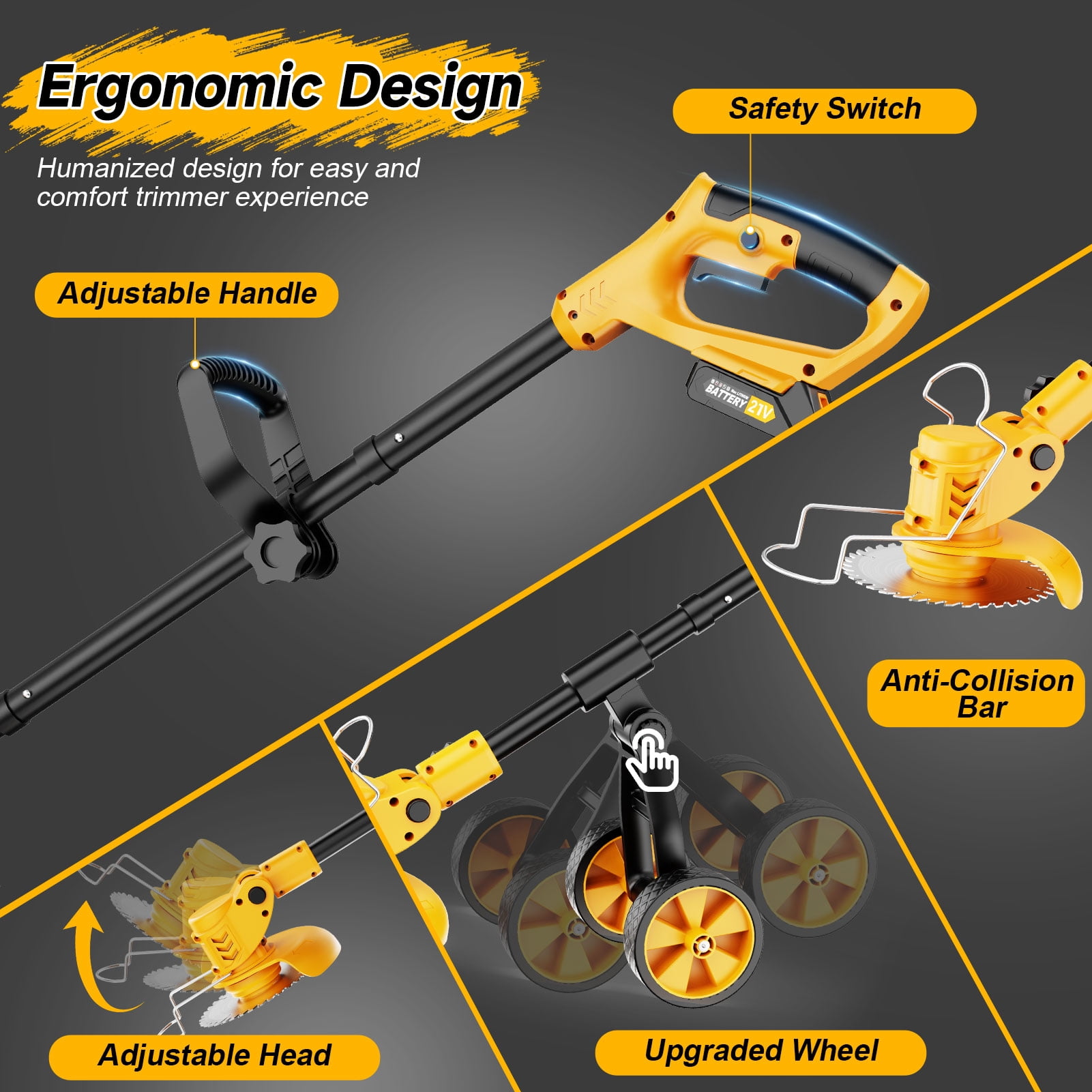 Lemolifys Cordless Electric Grass Trimmer with Wheels and 3 Blades (Yellow, 6 in) ocaa6