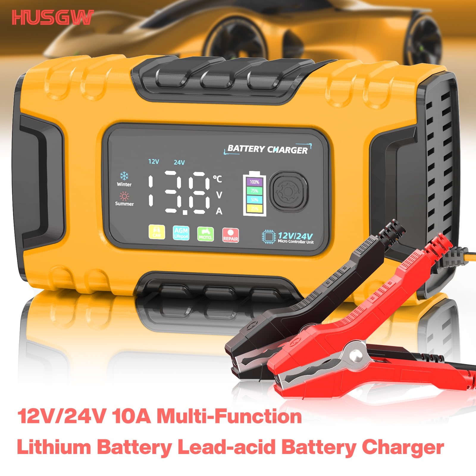 HUSGW Smart Car Battery Charger 12V 10A/24V 5A Automatic Trickle Maintainer for Lead-Acid and LiFePO4 (Yellow) 3qr0f