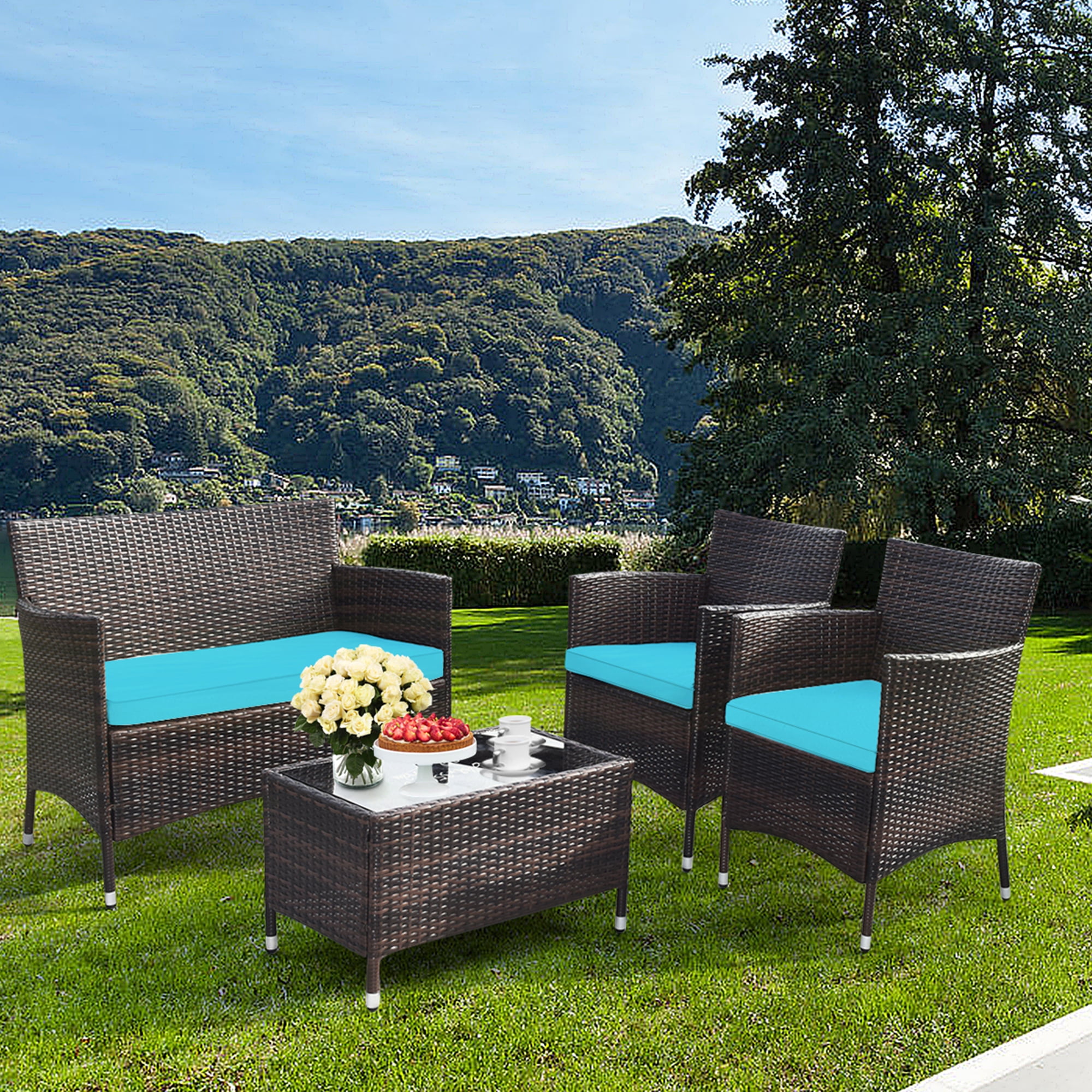 Gymax 4-Piece Patio Rattan Conversation Furniture Set with Turquoise Cushions (Outdoor/Indoor) 572c2