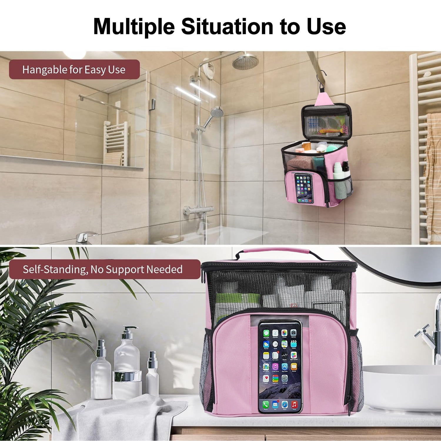 DAKIMOE Mesh Shower Caddy Portable Toiletry Tote Bag for College Dorm Organization (Pink, 10.4 in x 10.4 in x 5.9 in) raadd