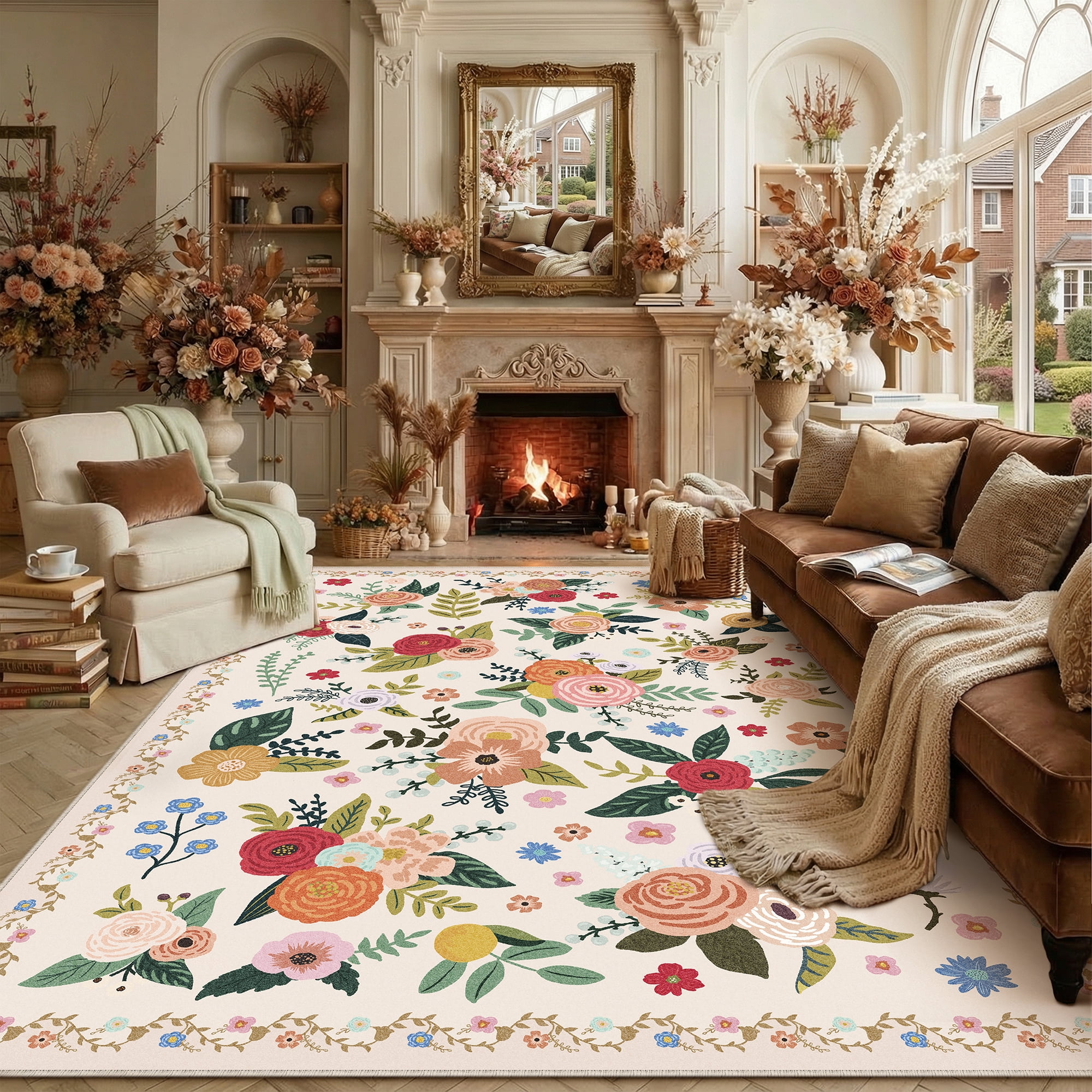 Berthmeer Vintage Floral Area Rug, Non-Slip Oriental Carpet for Living Room and Bedroom (Beige, 8 ft x 10 ft) mojfm