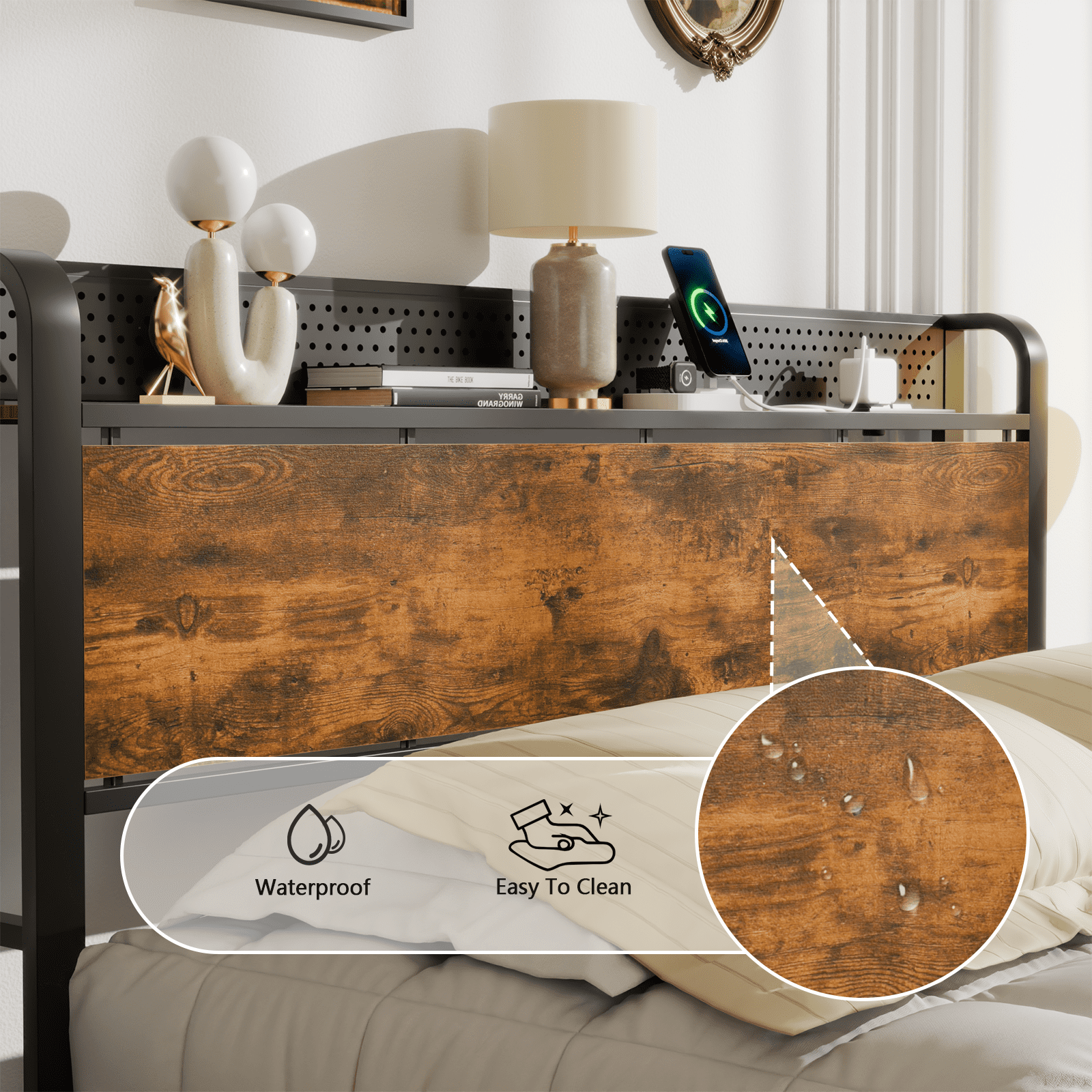 Satifur LED Platform Bed Frame with Storage Headboard and Charging Station (Rustic Brown, Queen) yyjtq - Image 6