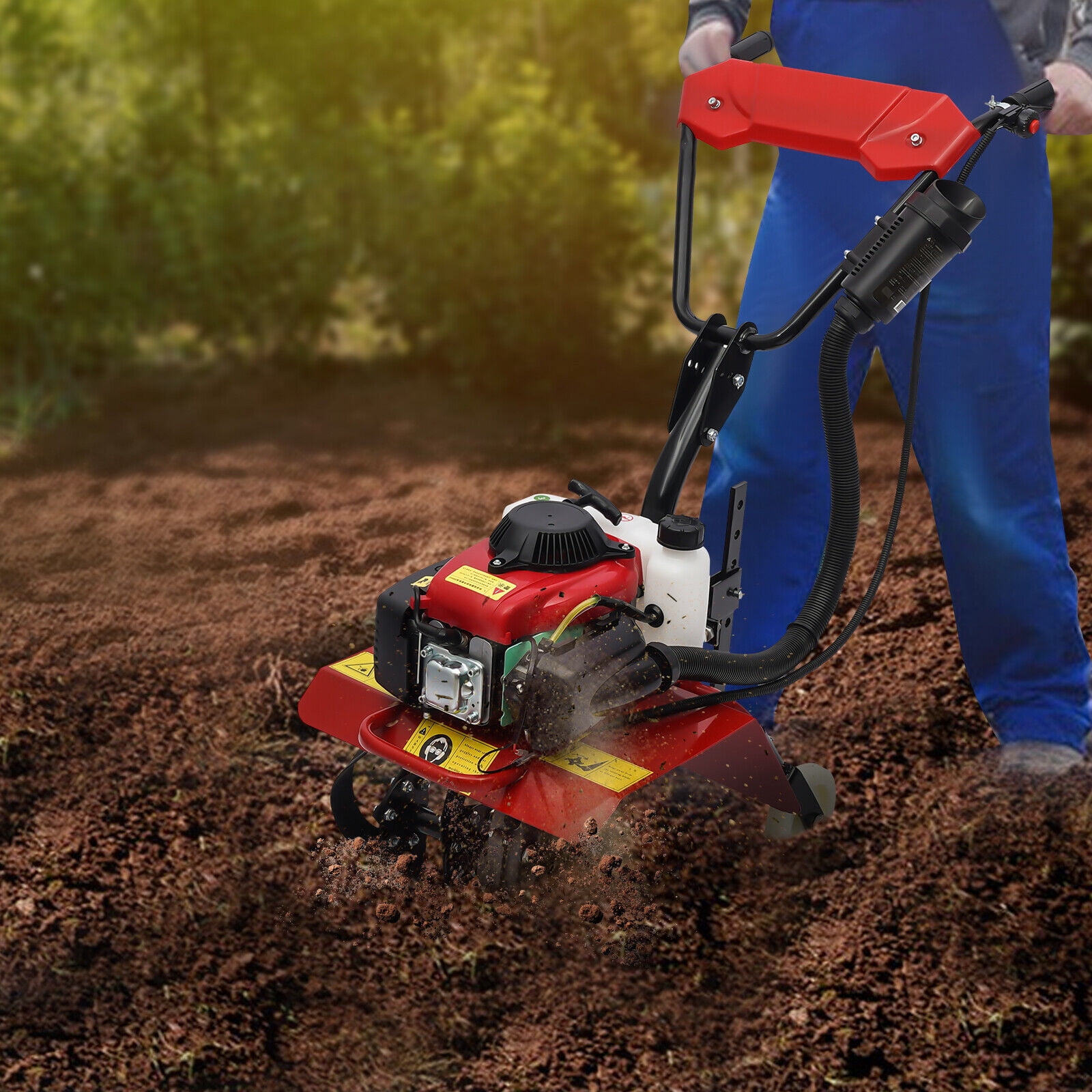 Generic 63cc Gas Powered Tiller Cultivator, Heavy-Duty Garden Soil Rototiller (Red, 13.78 in Width) 847gp