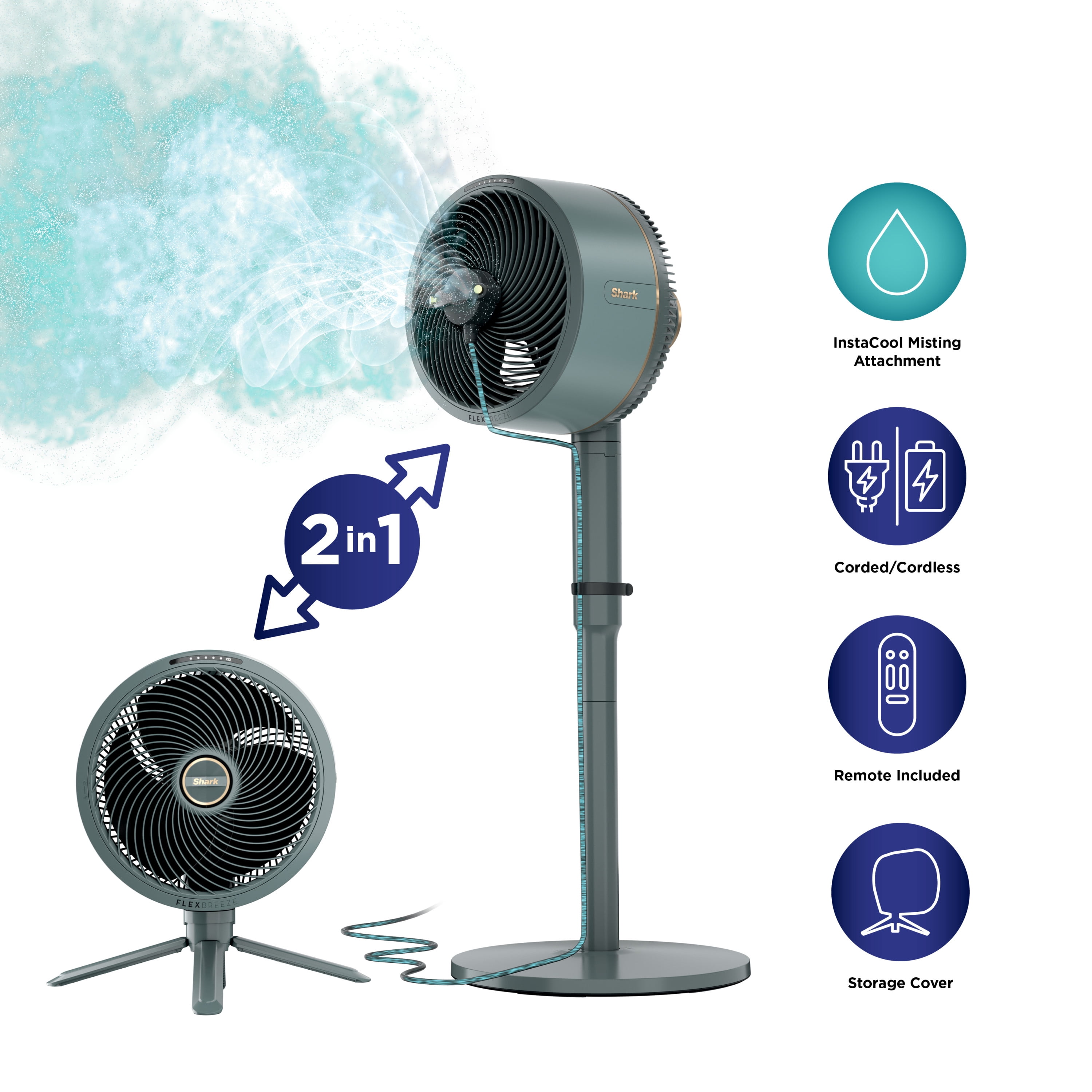 Shark FlexBreeze Portable Outdoor & Indoor Fan with InstaCool Misting Attachment (Grey, 13 lb) wr8bp