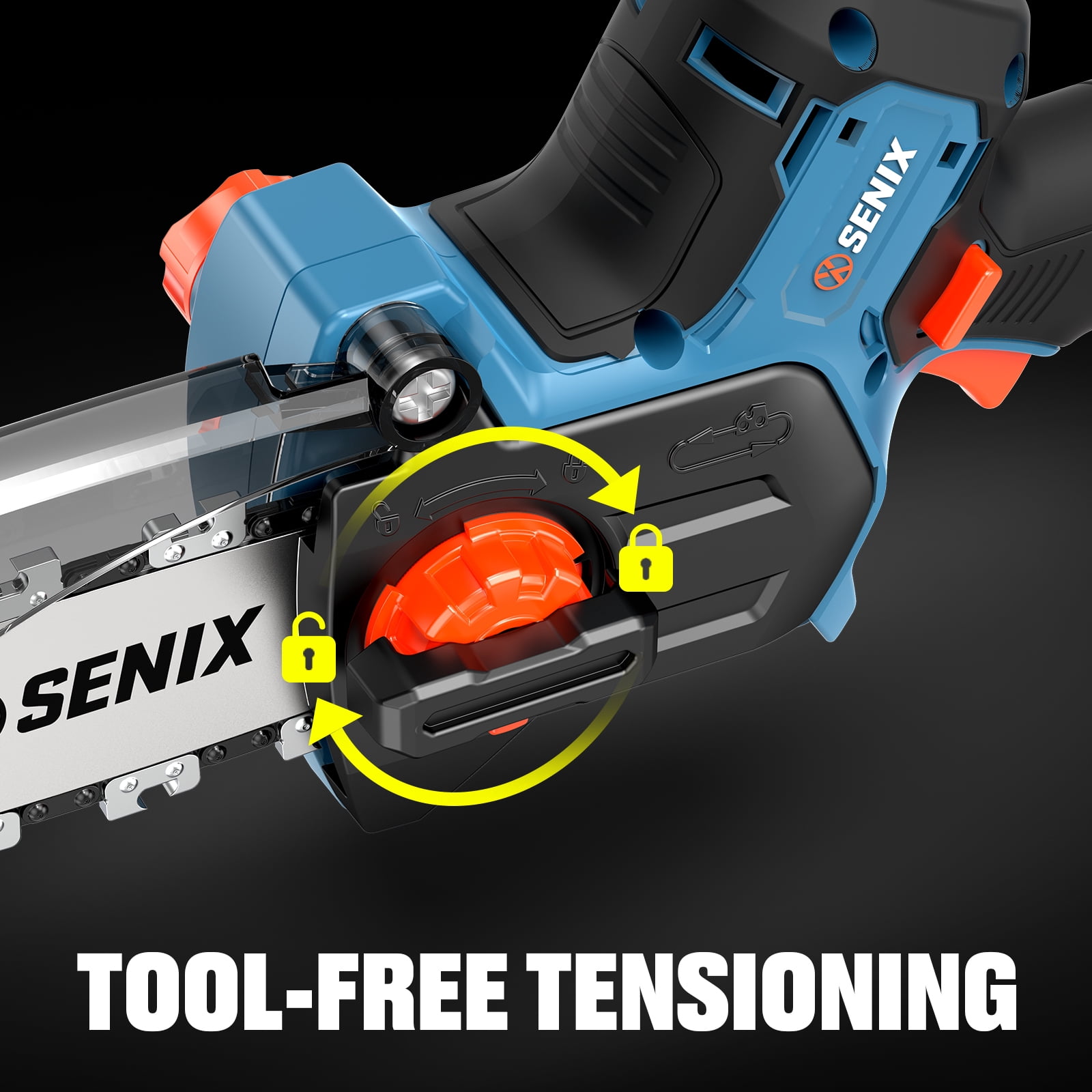 Senix 20V Cordless Mini Chainsaw, High-Efficiency Brushless Motor with 5Ah Battery and Charger (Blue, 5 in) qo9ur