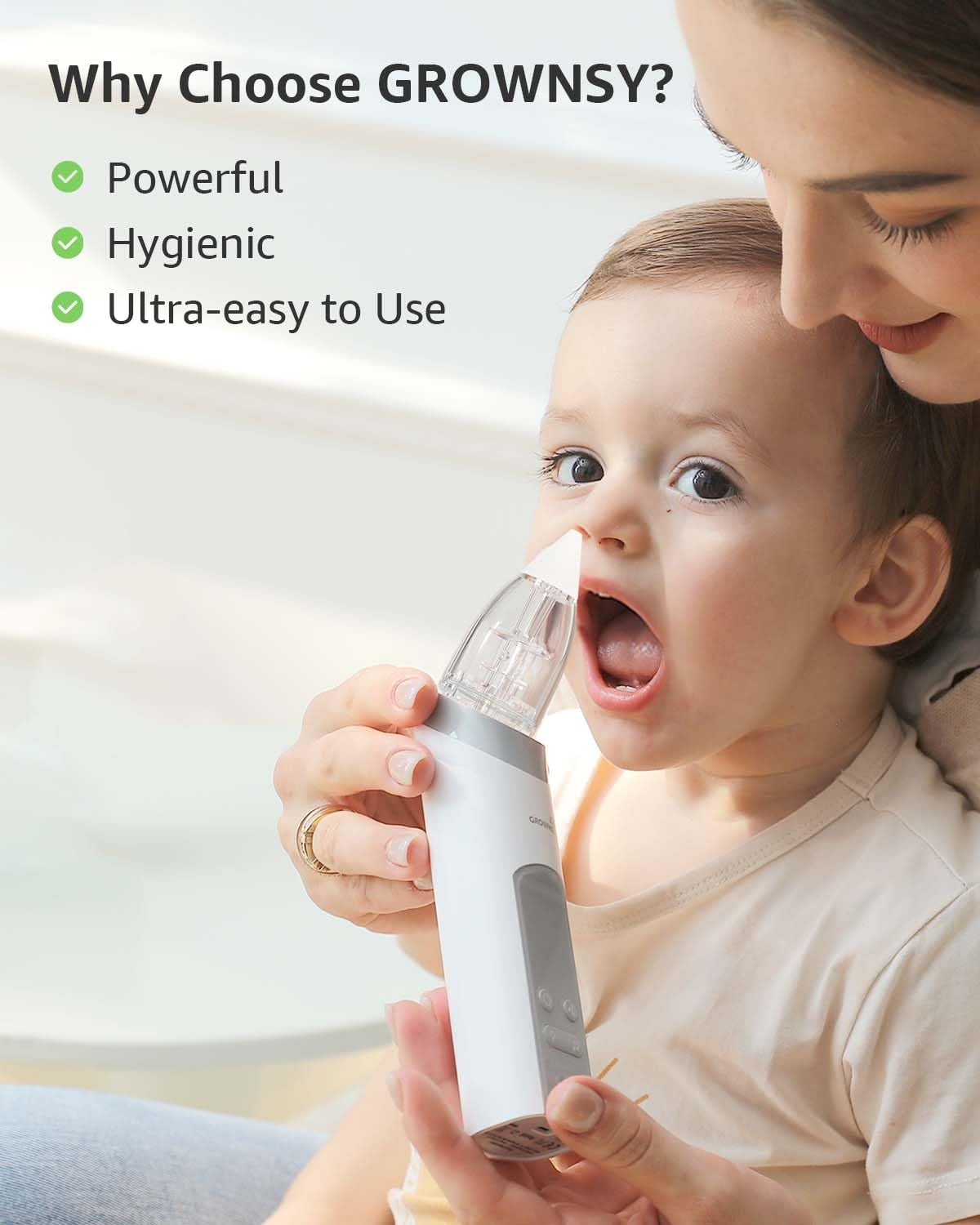 GROWNSY Baby Nasal Aspirator Electric Nose Cleaner with 3 Suction Levels (White, 1 Unit) hz5cr