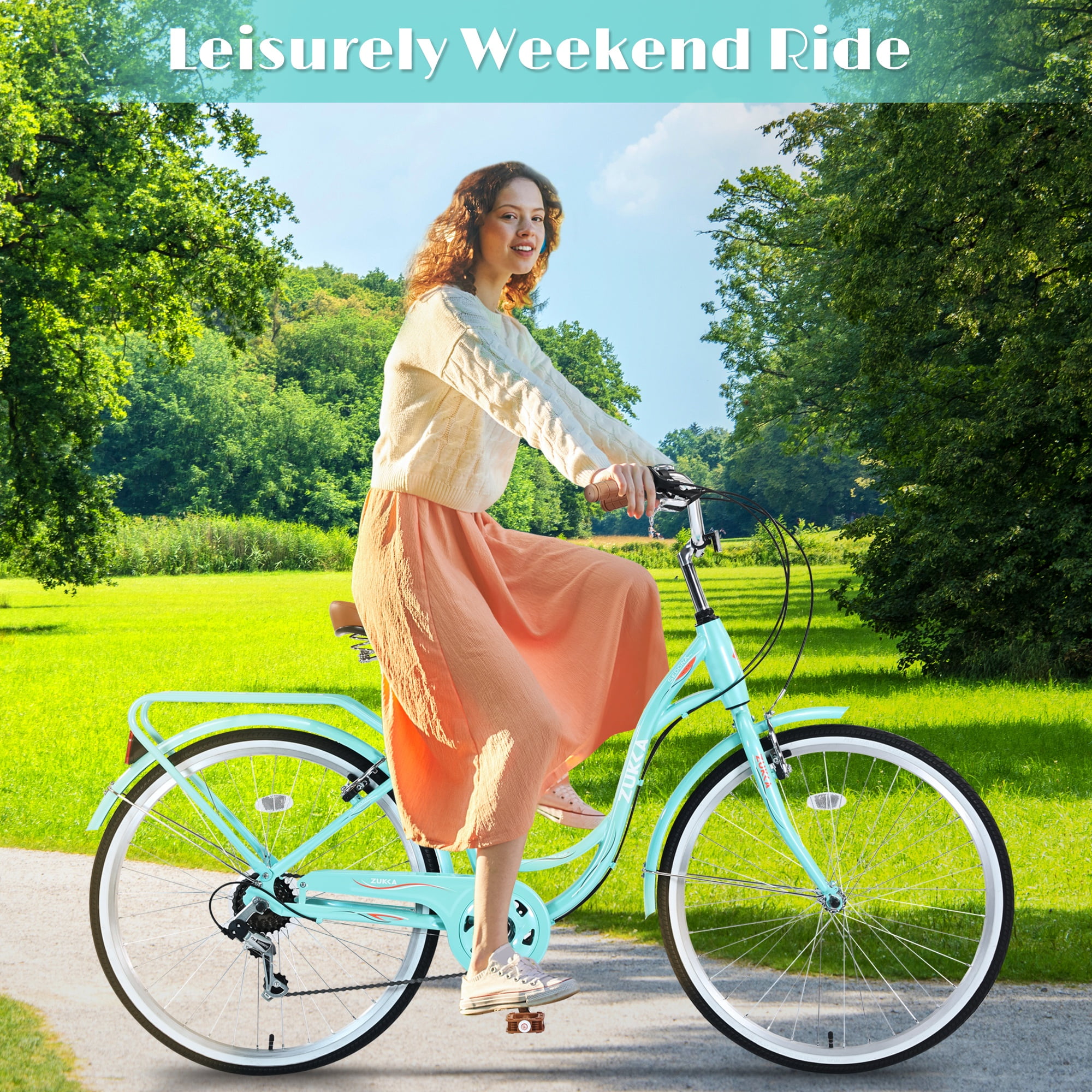 iYofe 26 in Women's Beach Cruiser Bike, 7-Speed Hybrid Commuter Bicycle with Dual Brakes and Rear Seat (Cyan, 26 in) udhm8