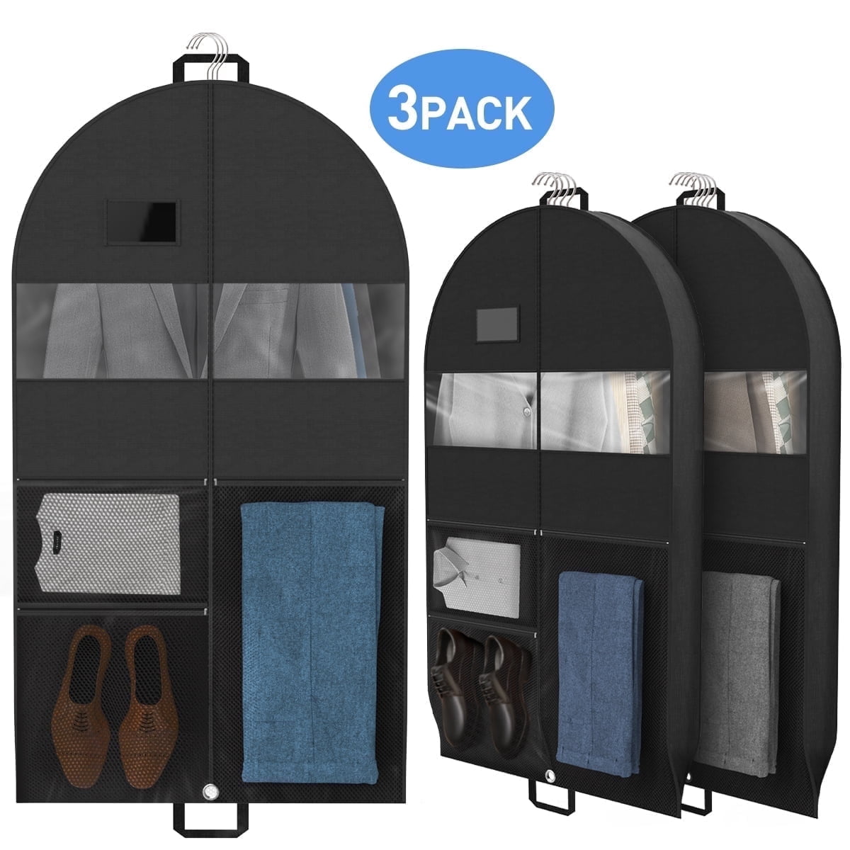 DAKOMM Garment Bag for Travel, Hanging Suit Cover with Pockets, Foldable Water-Resistant Storage for Suits and Dresses (Black, 51 in, 3 Pack) 7jqly