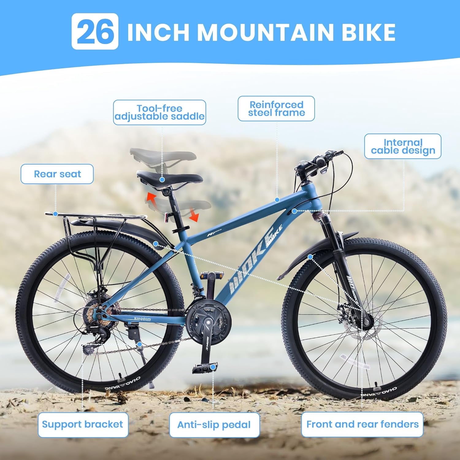 NEORIVERE 21-Speed Mountain Bike for Men, Dual Disc Brakes with Suspension Fork (Blue, 26 in) kvxdo