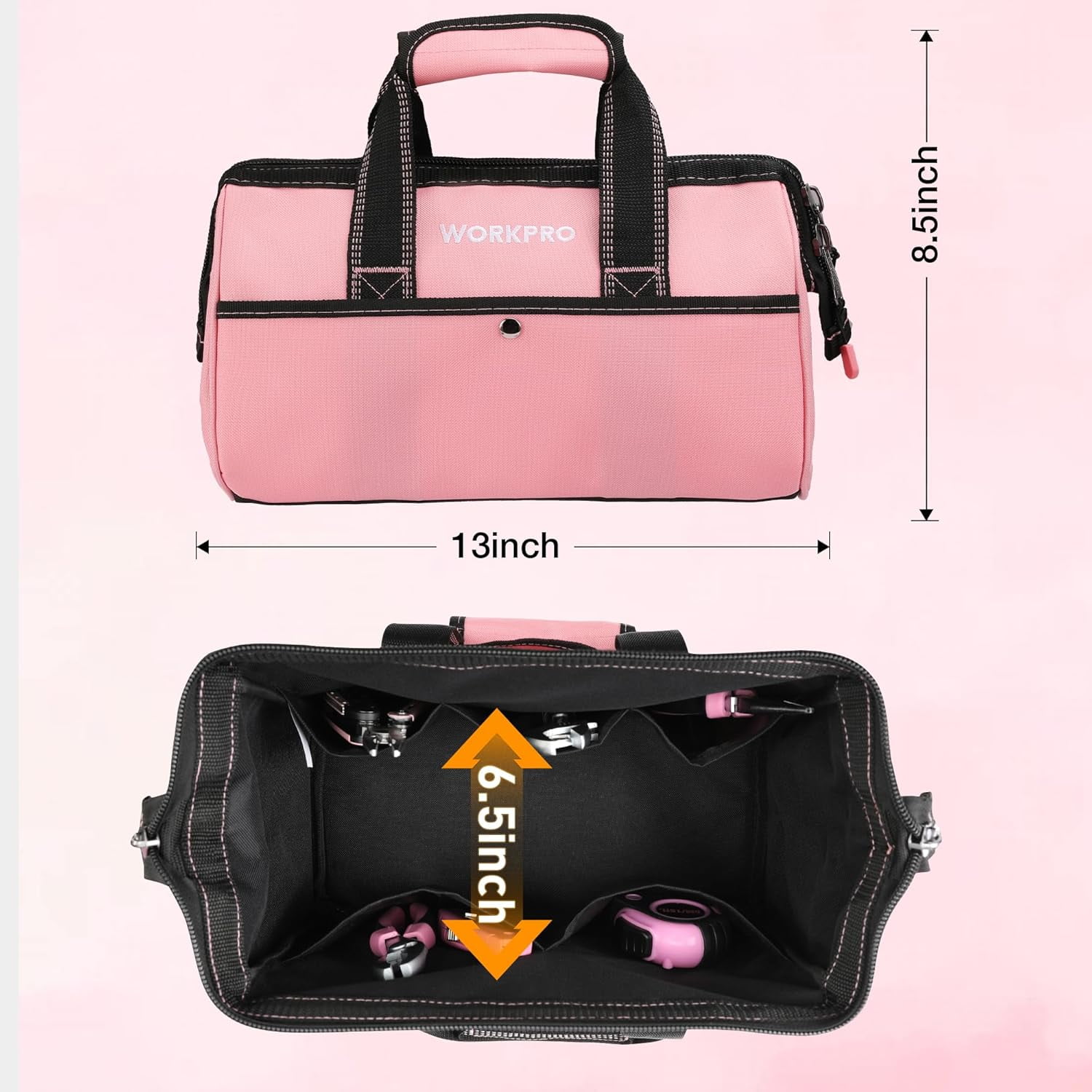 WORKPRO 13-inch Tool Bag, Heavy-Duty Soft Storage Tote with Wide Mouth and Pockets (Pink, 13.38 in x 6.69 in x 8.66 in) 6iikn