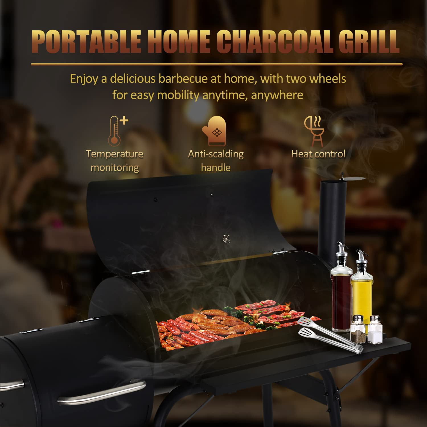 Dkelincs Charcoal Grill with Offset Smoker and Wheels (Black, 43.3 in) r6blh