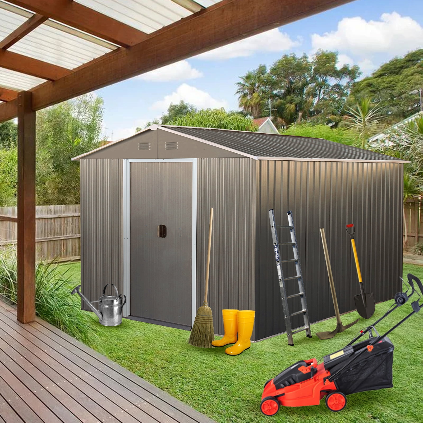 LofyJoy Metal Outdoor Storage Shed, Weather-Resistant Backyard Garden Tool Organizer with Lockable Sliding Doors and Vents (Grey, 8 ft x 10 ft) fm73f