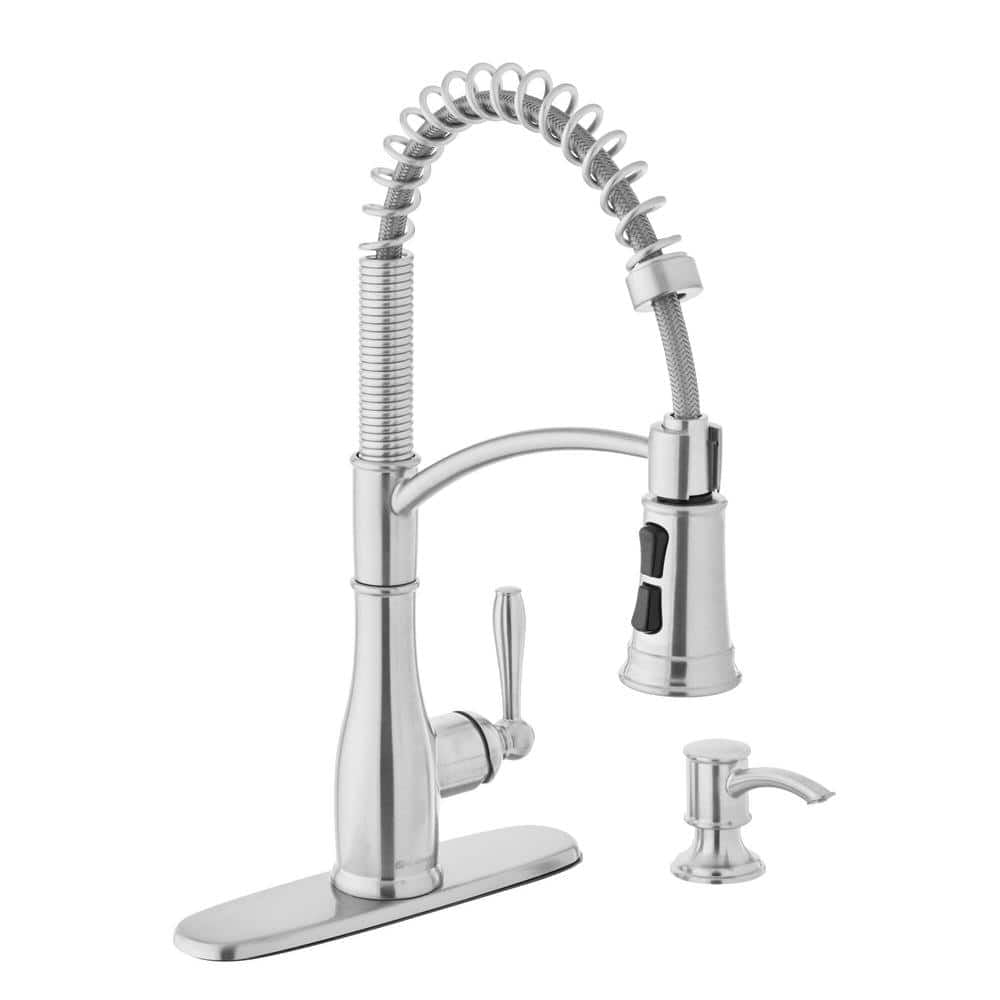 Glacier Bay Mandouri Single Handle Spring Neck Pull Down Kitchen Faucet with Soap Dispenser (Stainless Steel) aruyq