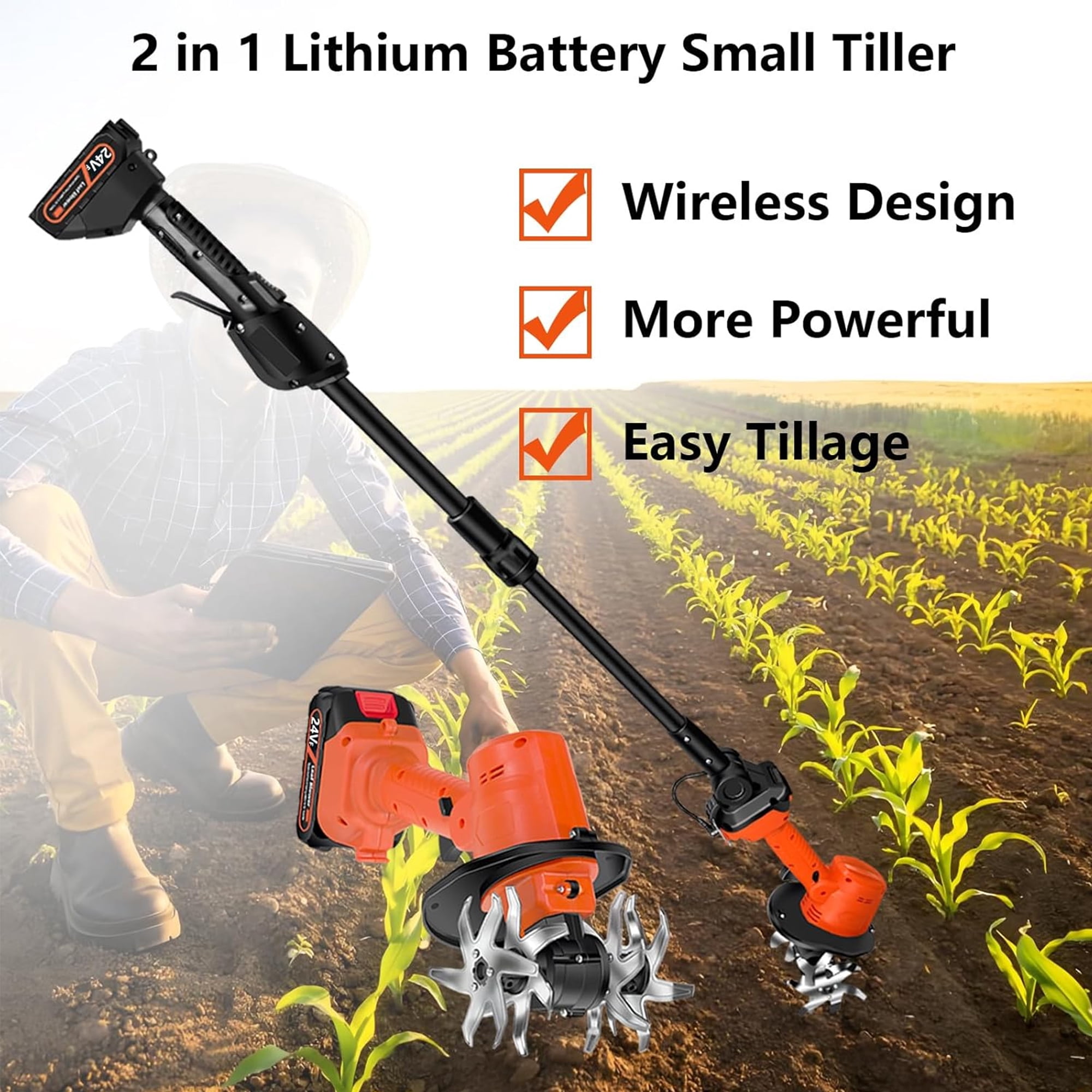 Runbaixing 24V Cordless Electric Tiller, Handheld Garden Cultivator for Soil Aeration and Weeding (4 in Tilling Width, 4 in Tilling Depth) hzqmt