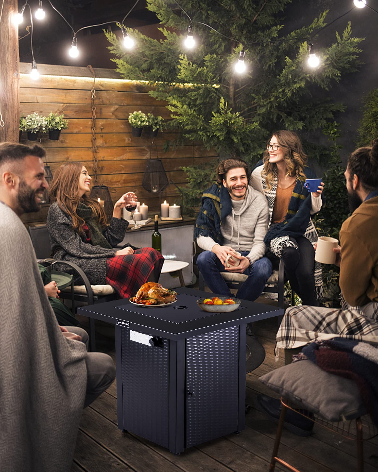 Legacy Heating 28 in Square Wicker Propane Fire Pit Table, Outdoor Patio Heater with Lava Rocks (Brown, 28 in x 28 in x 24 in) nqukh
