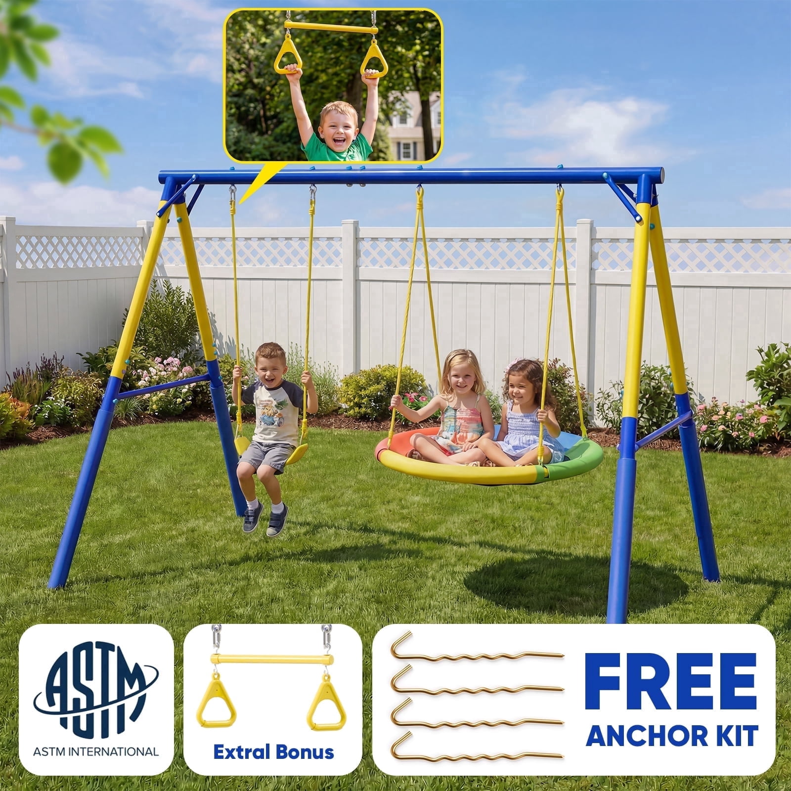 Fashionsport Outfitters Heavy-Duty Outdoor Metal Swing Set with Saucer Swing, Belt Swing, and Trapeze Rings (Yellow, 500 lb Capacity) 0b4sk