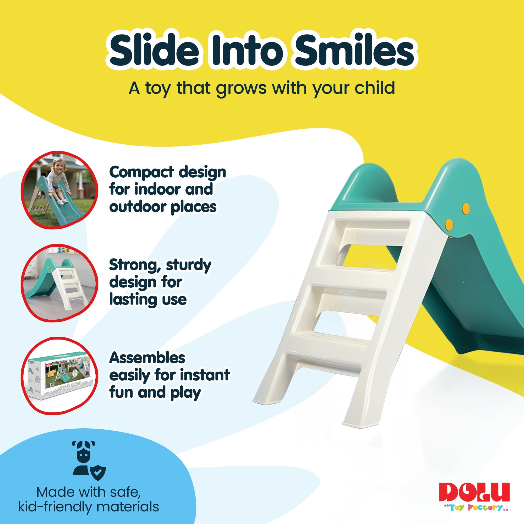 Dolu My First Garden Slide Indoor Outdoor Playground Equipment (Green/White, 43.7 x 18.5 x 27.6 in) cq48d