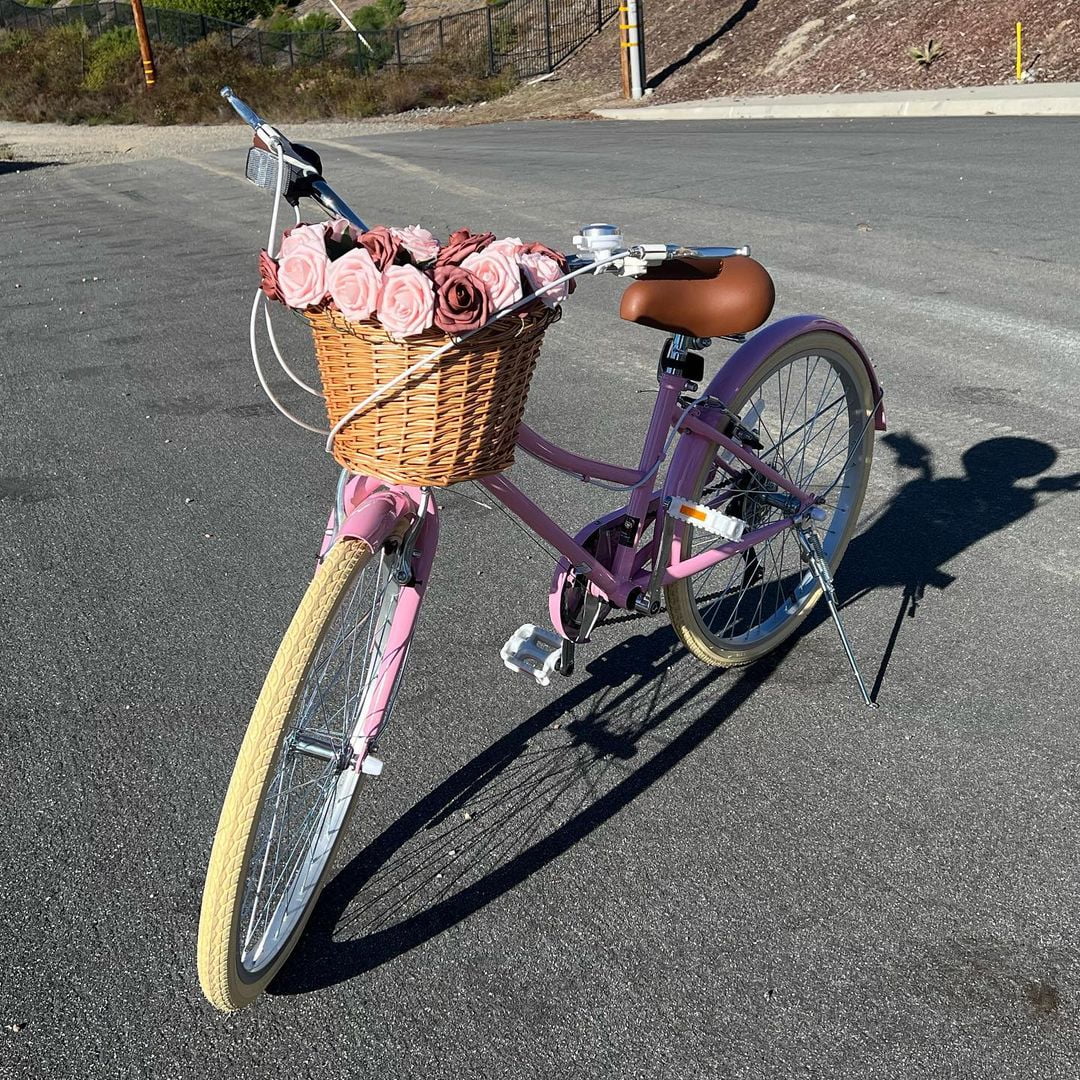 Glerc Missy 24 in Girls Cruiser Bike, 6-Speed Hybrid Bicycle with Wicker Basket (Pink) rf9wa