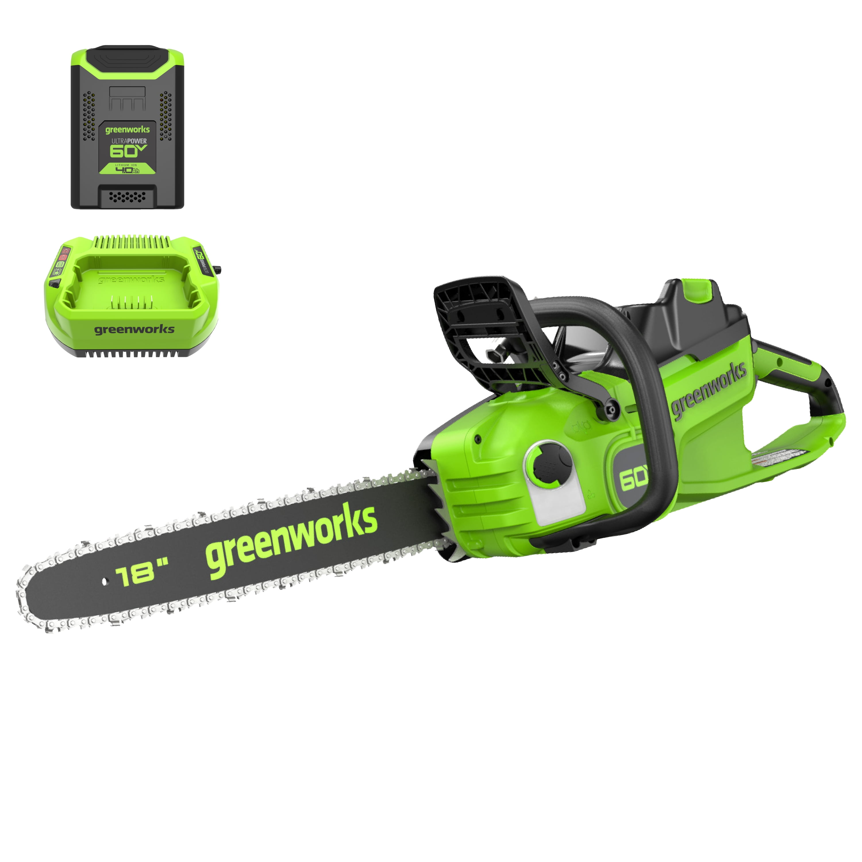 Greenworks 60V 18 in Brushless Chainsaw with 4.0 Ah Battery and 3 Amp Charger (Green, 18 in) yqokq