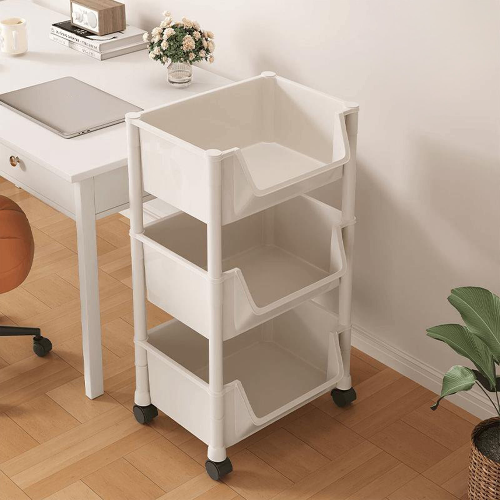 Taicanwovil 3-Tier Rolling Storage Cart, Mobile Utility Organizer with Slanted Shelves (White, 32 in x 16 in x 12 in) u56si