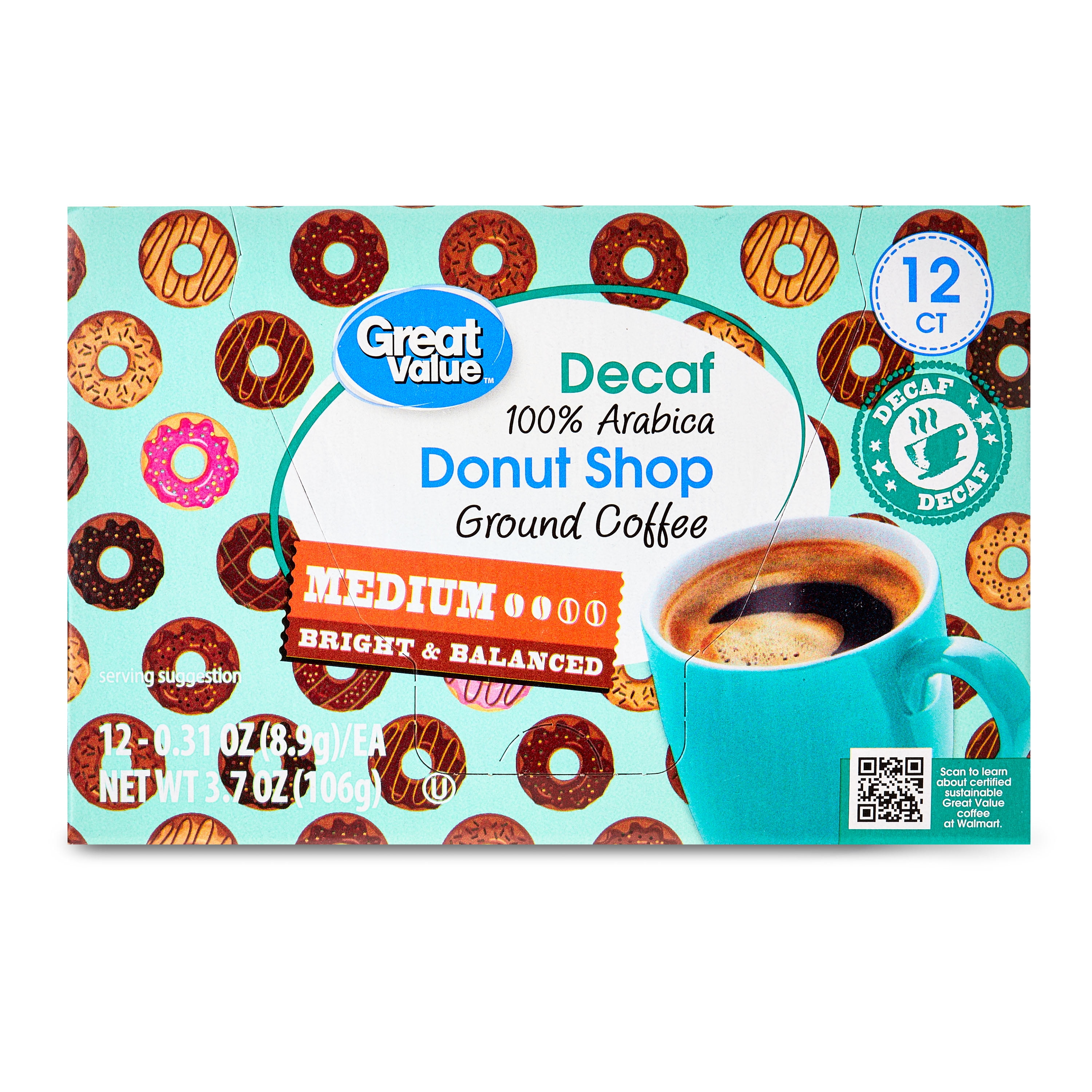 Great Value Donut Shop Decaf Ground Coffee Pods (Medium Roast, 12 Count) 7zve4