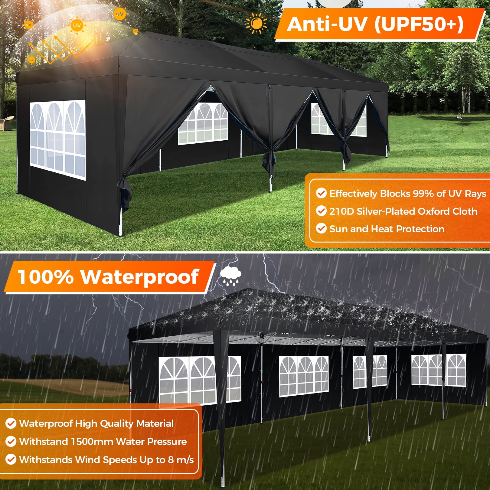 SANOPY 10 x 30 ft Pop Up Canopy Tent, Heavy-Duty Commercial Outdoor Shelter with 8 Removable Sidewalls and Carrying Bag (Black, 10 x 30 ft) oep66