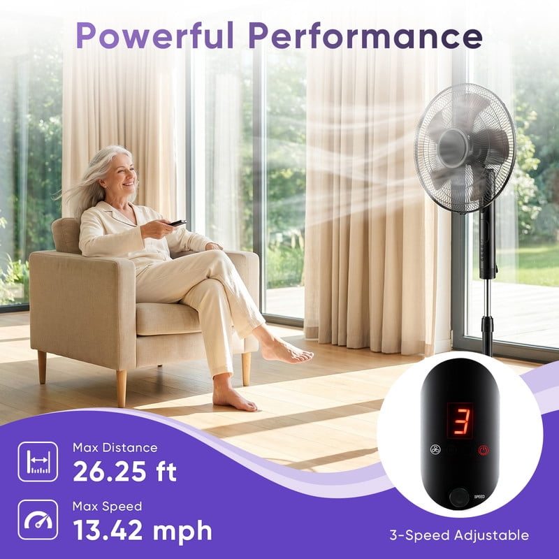 Gianna Quiet Pedestal Fan with Remote, Oscillating Standing Floor Fan for Bedroom and Home Office (Black, 52.4 in) cj1vq