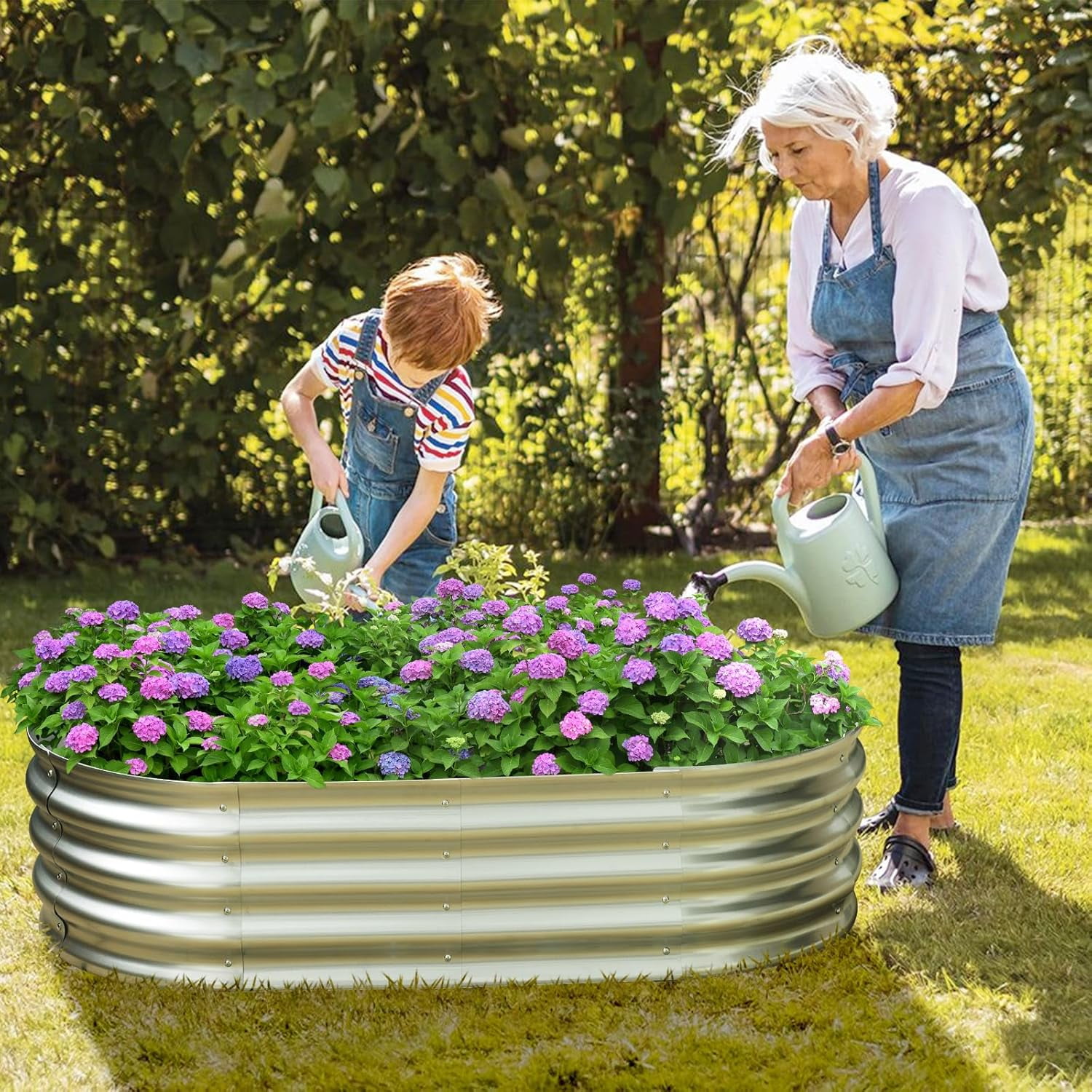 HGD Raised Garden Bed Kit Oval Galvanized Metal Outdoor Planter (Silver, 4x2x1 ft) 67vwk