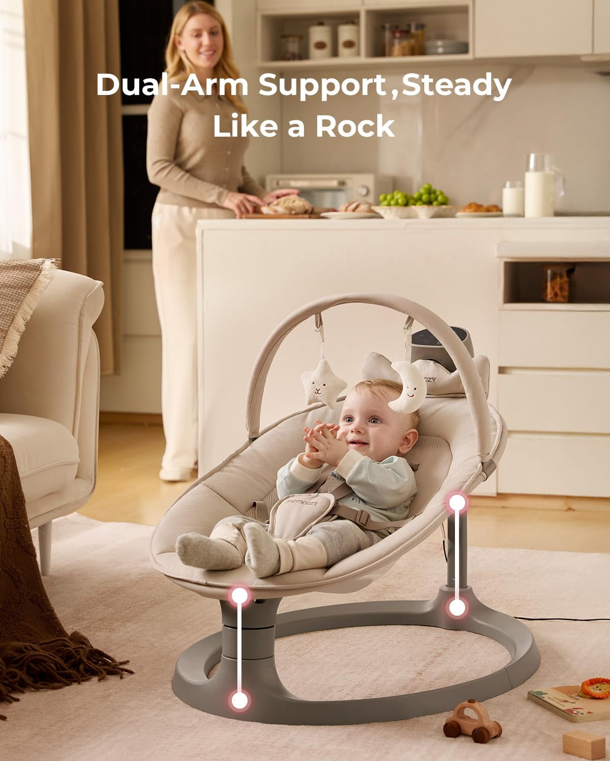 Momcozy 2-in-1 Electric Baby Swing and Toddler Seat, Dual-Arm Support System (Beige, 66 lb) pqi6o